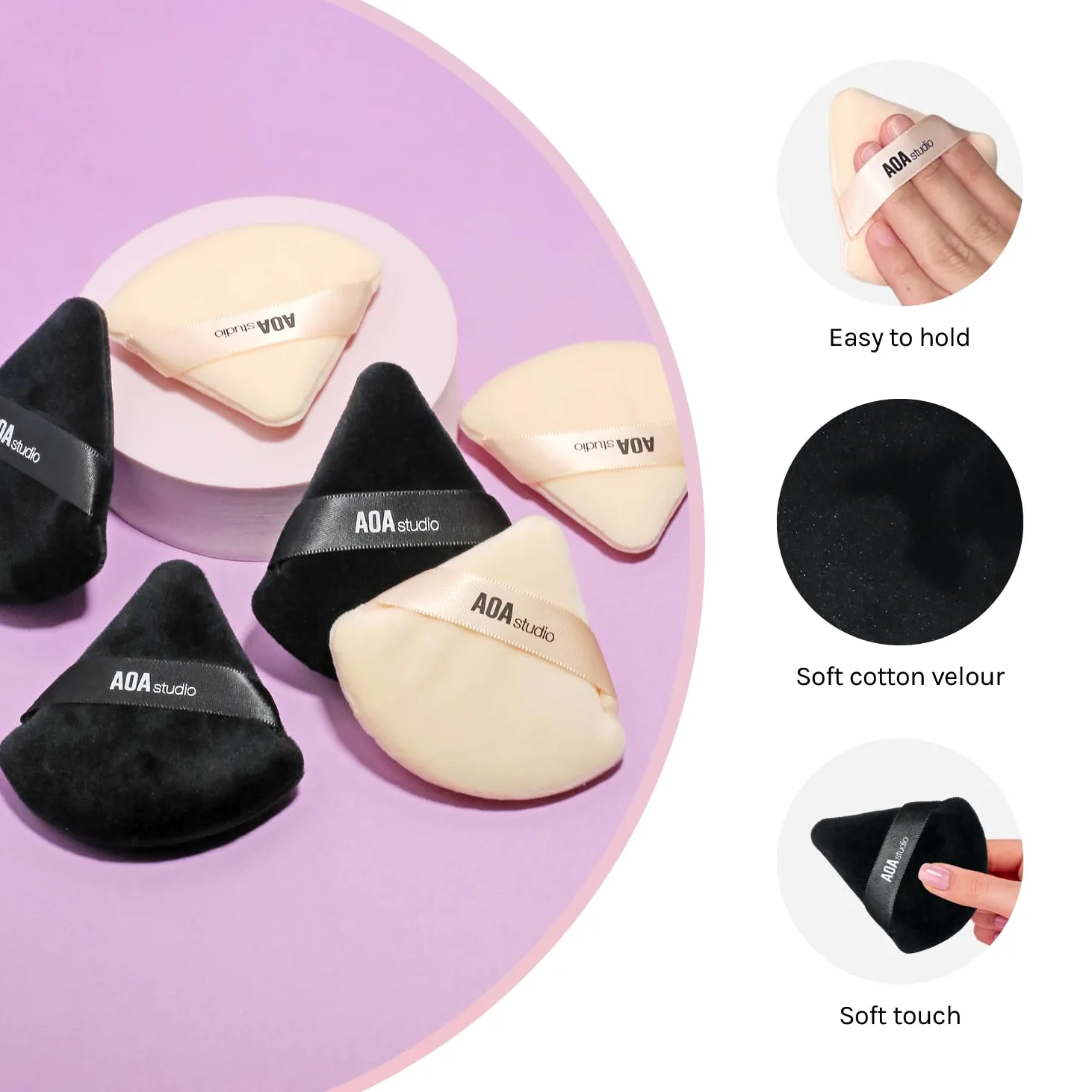 AOA Studio Velvet Puffs zestaw 6 luźnych pudru do ciała, welurowa gąbka do makijażu, podkład, zestaw gąbek do makijażu, narzędzia do makijażu, czarne, brzoskwiniowe