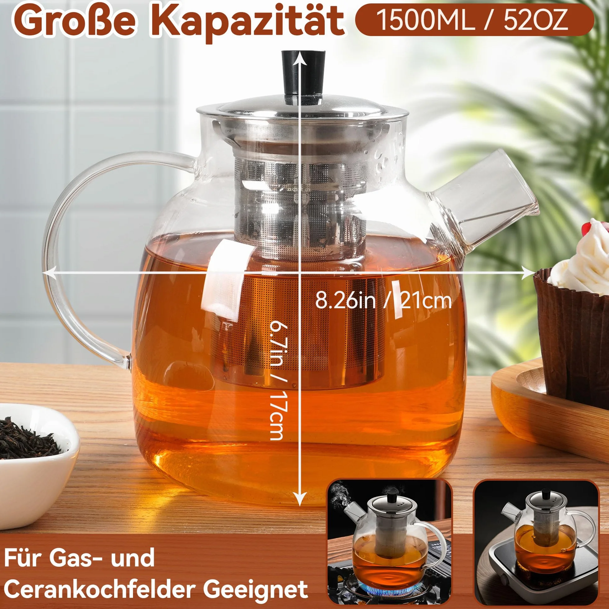 Szklany dzbanek do herbaty 1500 ml z sitkiem ze szkła borokrzemowego