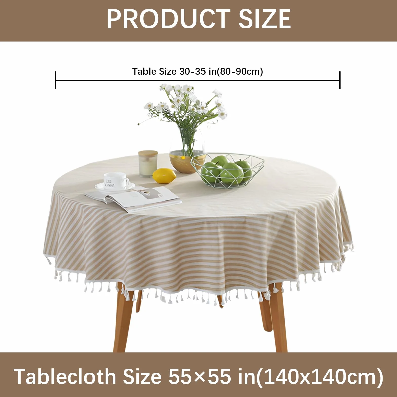 Obrus bawełniany lniany okrągły 140 cm w paski z frędzlami beżowy