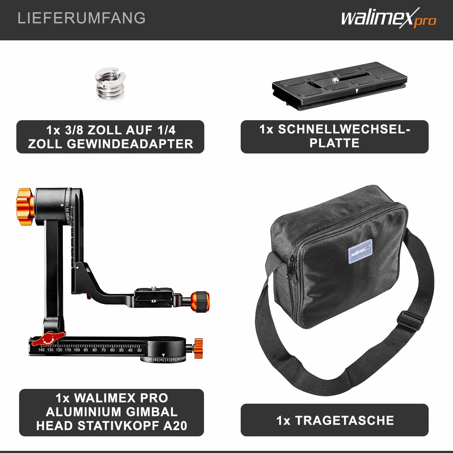 Walimex pro Aluminiowa głowica statywu Gimbal Head A20 – wysokiej jakości 360 stopni panoramiczna głowica statywu, huśtawka małpowa z płytą szybkozmienną Arca, nośność 20 kg, z torbą, do obiektywu DSLR DSLM Spektywnego