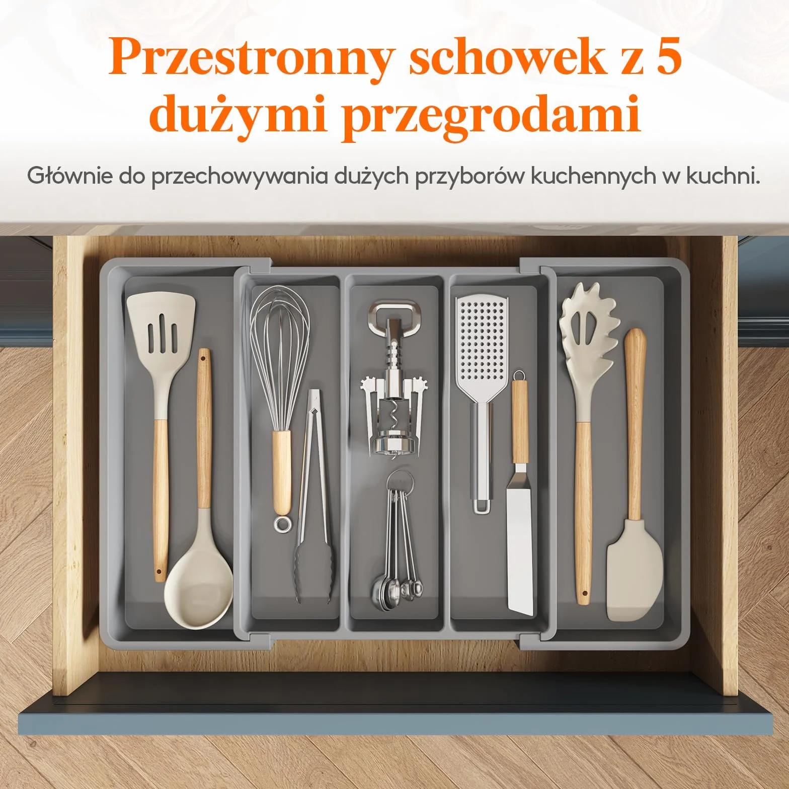 Lifewit Organizer do szuflady na przybory kuchenne, rozszerzalna duża taca na sztućce do kuchni, regulowany uchwyt sztućce, przegroda przechowywania narzędzi i gadżetów, duża,Szary