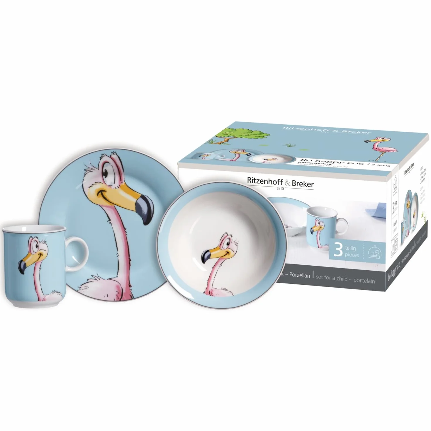 Ritzenhoff & Breker Zestaw naczyń dla dzieci Happy Zoo 3-częściowy Flaming