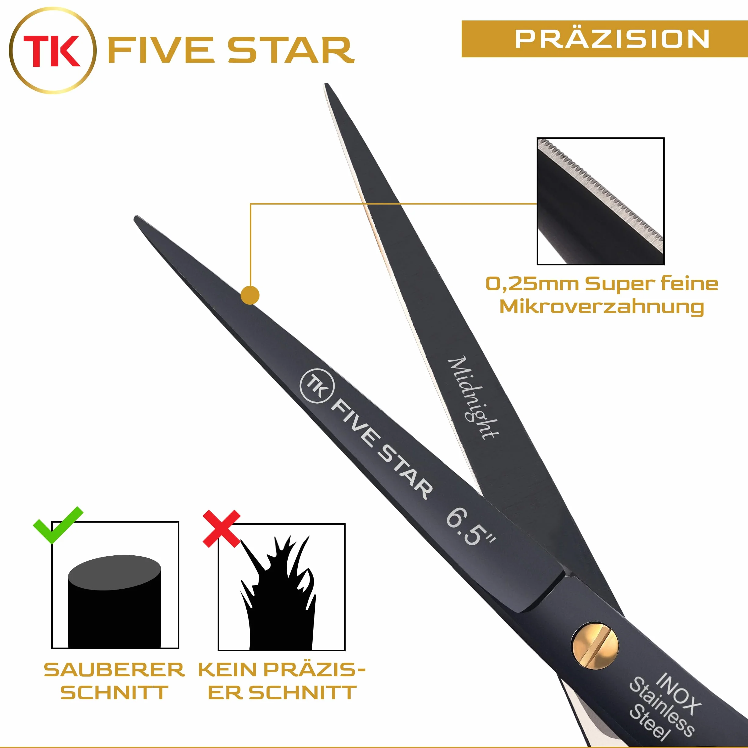 TK FIVE STAR Midnight Premium 6,5" bardzo ostre nożyczki fryzjerskie, nożyczki do strzyżenia włosów dla kobiet, mężczyzn, fryzjerów i dzieci, do delikatnych i mocnych włosów, mikroząbkowane