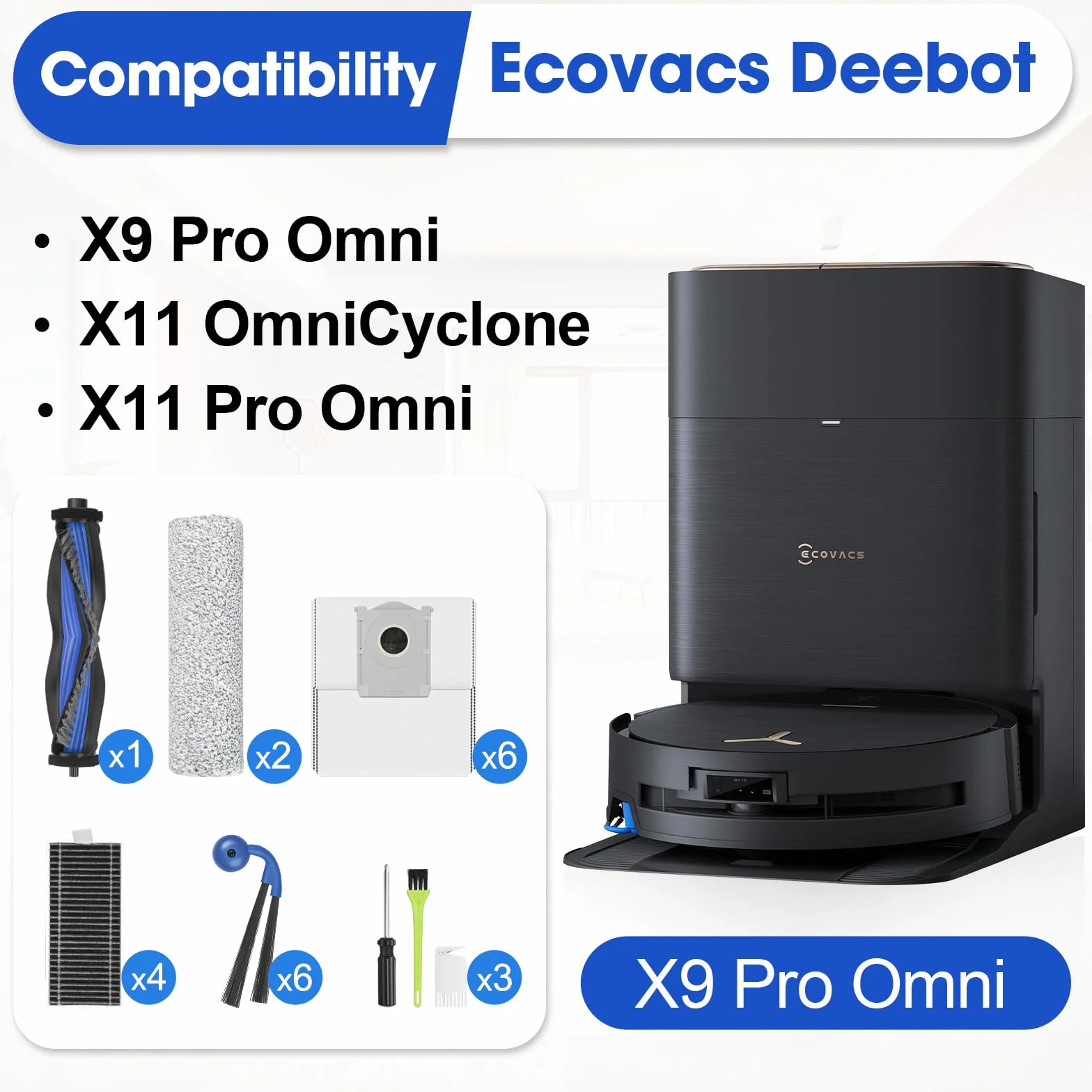 X9 Pro Omni akcesoria do Ecovacs Deebot X9 Pro Omni / X9 Omni części zamienne X9 zestaw akcesoriów z 4 workami do kurzu, 4 filtrami, 1 główną szczotką, 2 wałkiem do wycierania, 6 bocznymi