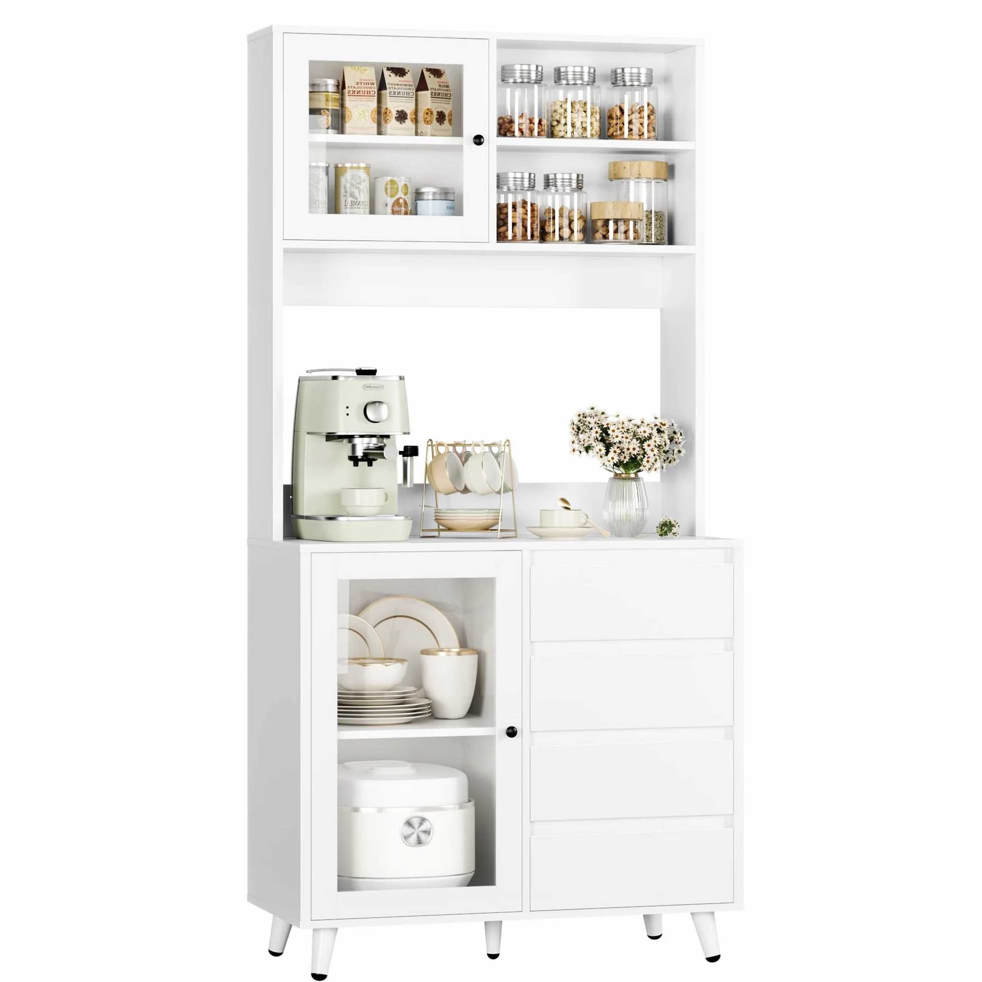 FOREHILL Szafka kuchenna wysoka ze szklanymi drzwiami blat roboczy 4 szuflady 80x40x180 cm biała M172