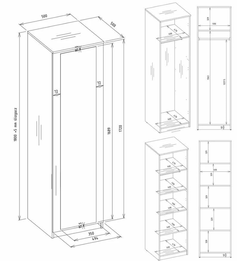 BDW Szafa na ubrania z lustrem 50x50x180 cm Tip-ON 4 półki 1 drążek