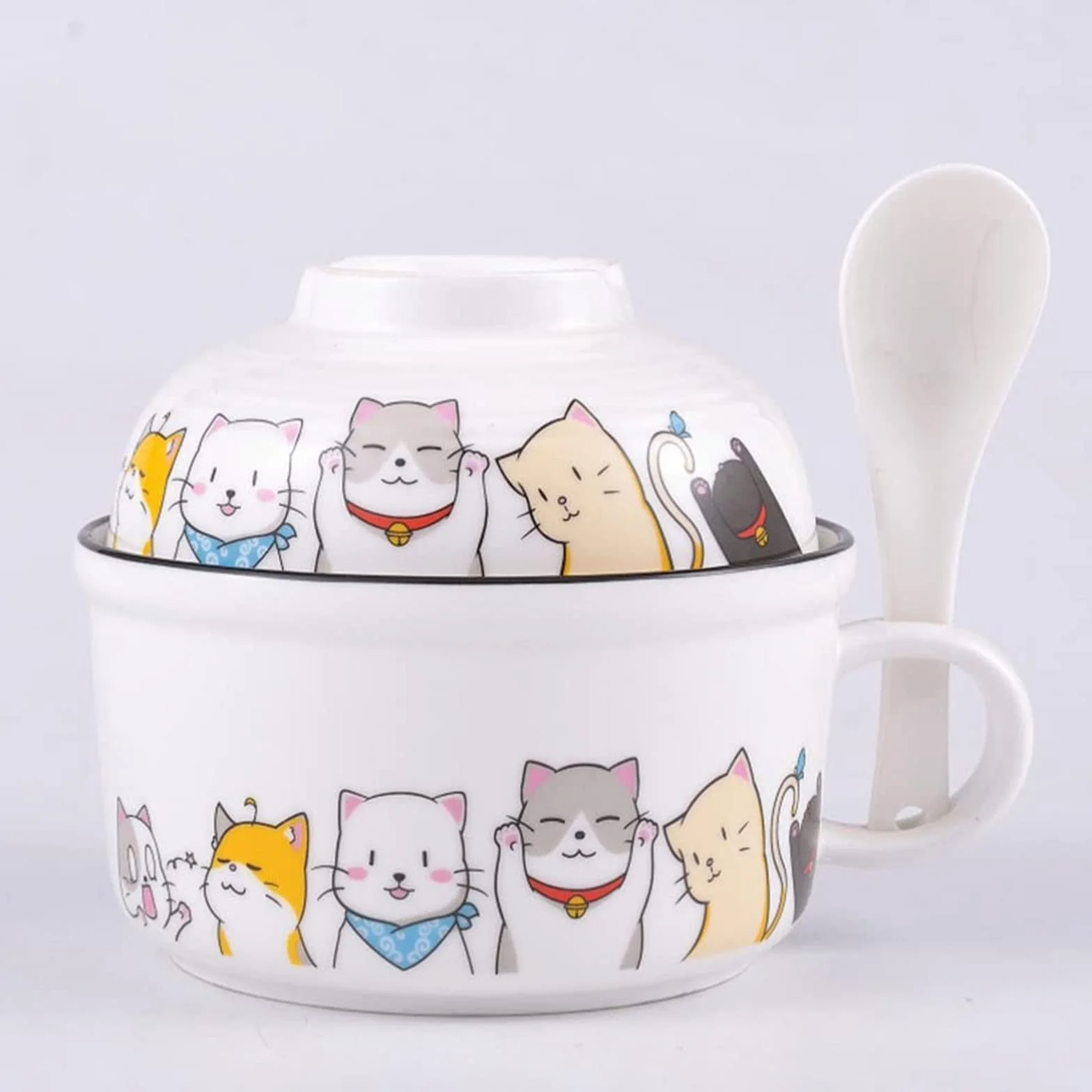 Japońska miska miska miska natychmiastowa miska makaronowa miska ramen miska z pokrywką i łyżką mussile instant makaron miski zupa miska ze stali nierdzewnej miska ryżowa miska kota motyw kota,White