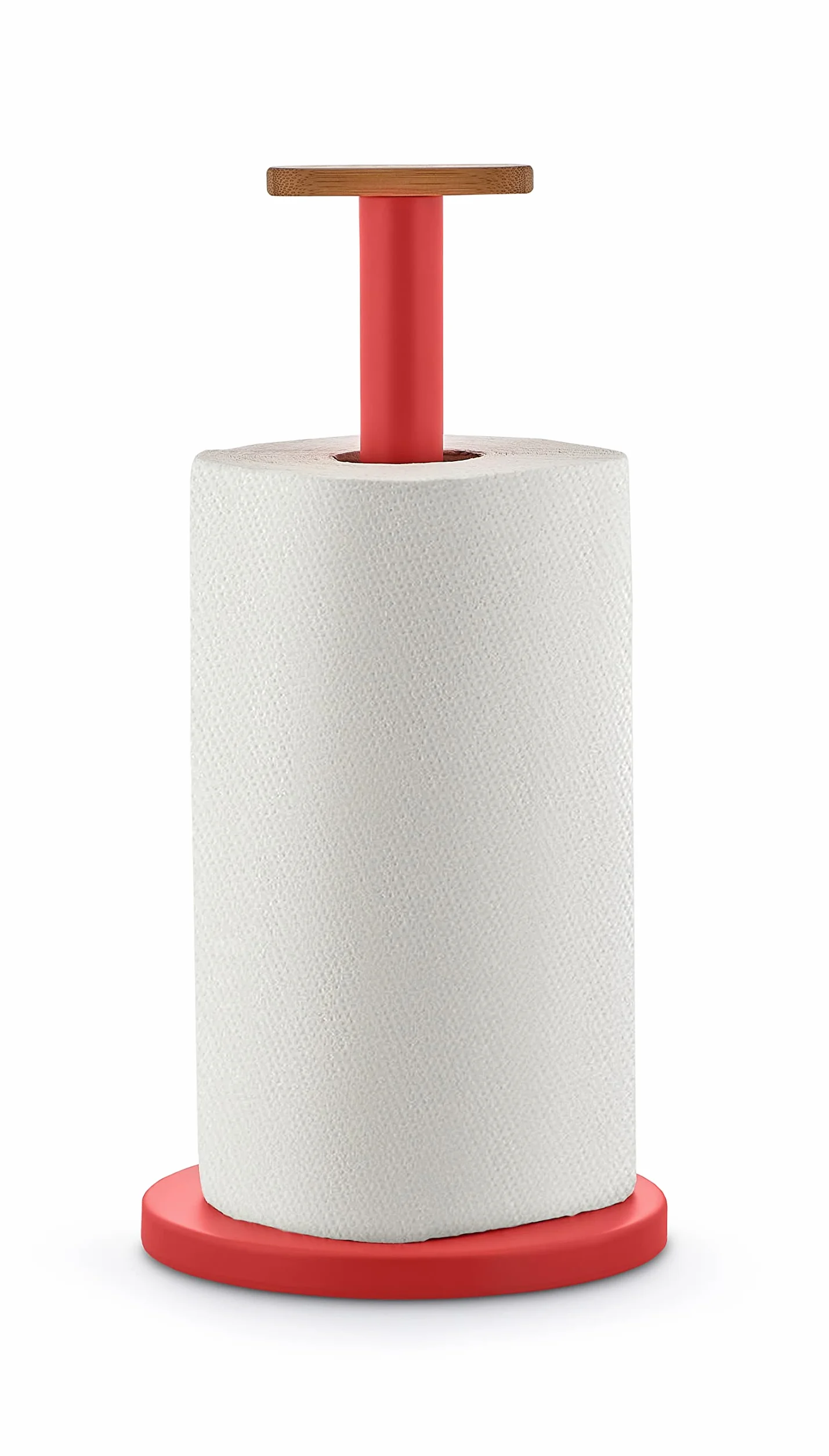 Alessi Mattina BG05 R – designerski uchwyt na rolkę kuchenną, z kolorowej stali z żywicą epoksydową i gałką z drewna bambusowego, czerwony