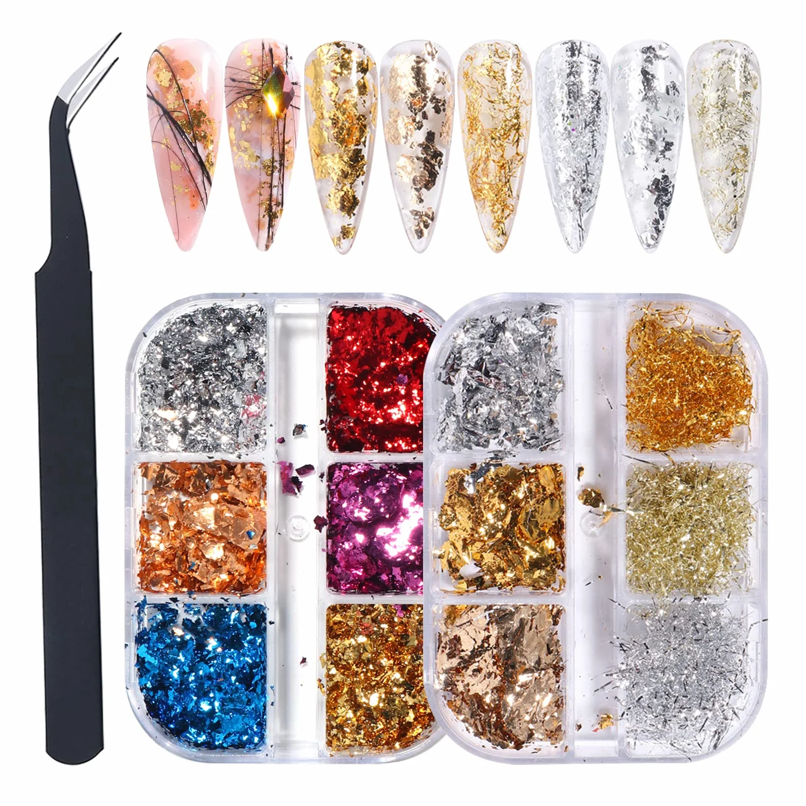 Brokat Złoty Liść Płatki Holograficzne Nail Art - 2 Szt. Papier Foliowy, Mieszanka Liści Srebrny Miedź
