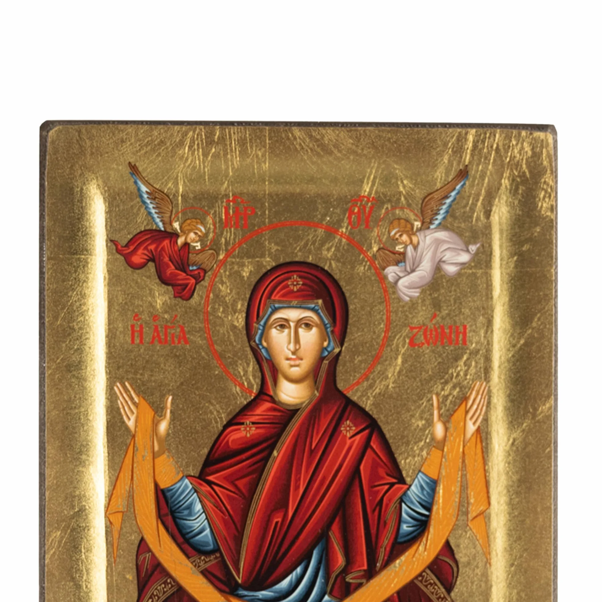 Drewniana ikona Panagia Agia Zoni tłoczona na płótnie ze złotym tłem z góry Athos 19 x 15 cm