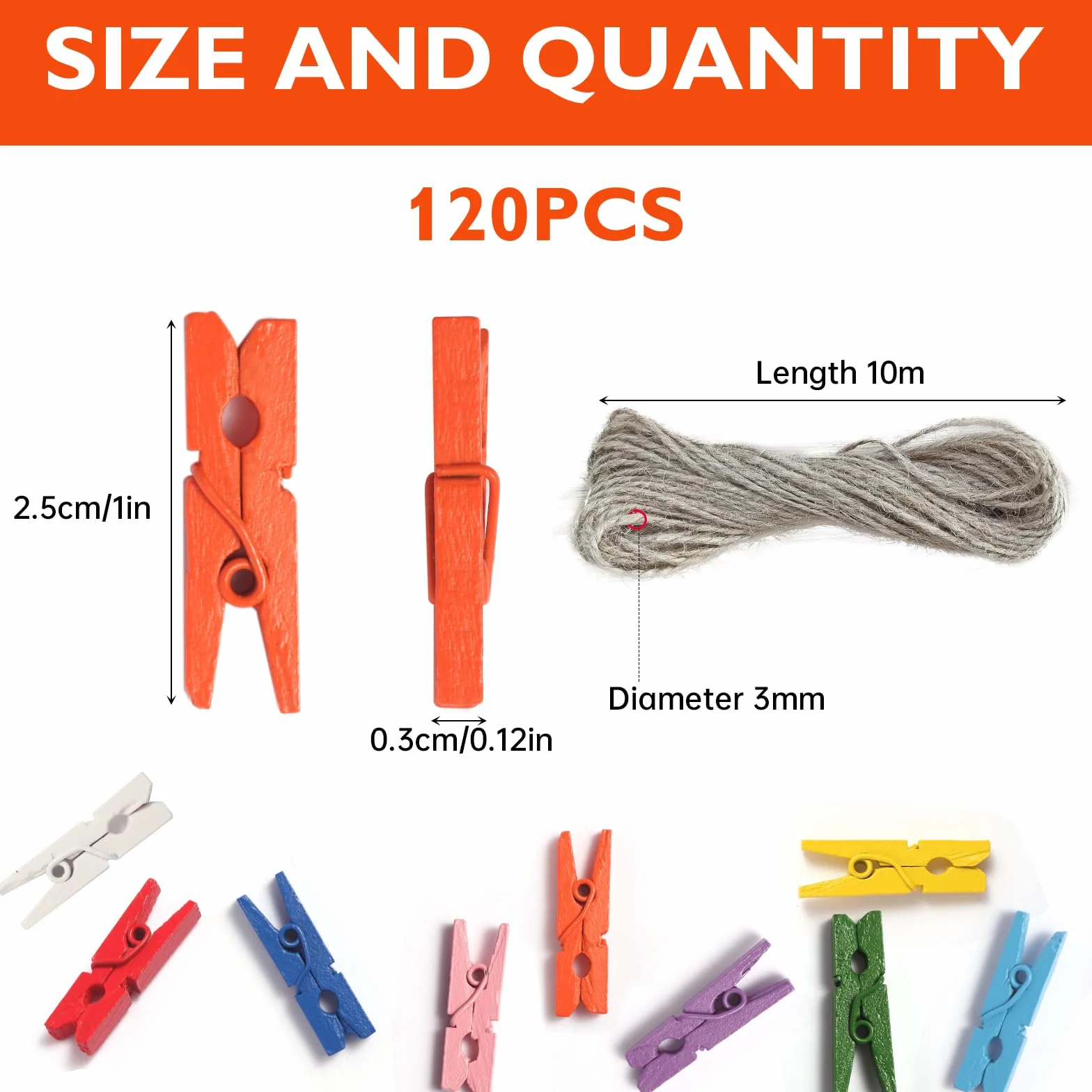Drewniane klamerki, 120 sztuk, drewniane, 2,5 x 0,3 cm, ze sznurkiem o długości 10 m, małe klamerki do zawieszenia zdjęć i kartek pocztowych oraz wszelkiego rodzaju dekoracji imprezowych