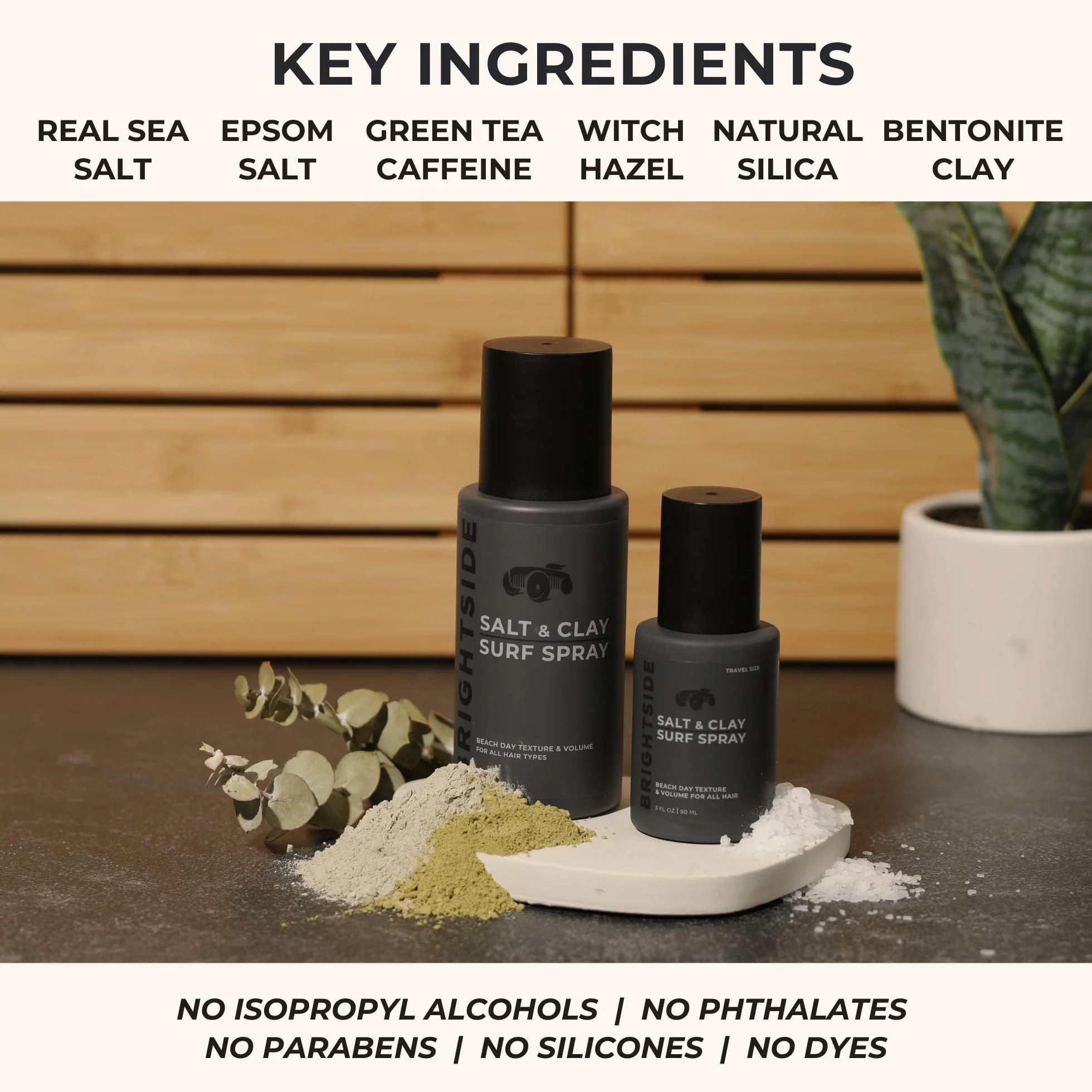 BRIGHTSIDE Salt & Clay Surf spray do teksturowania i objętości, sól i glina krzemionkowa, mieszanka oczaru wirginijskiego i zielonej herbaty, do wszystkich rodzajów włosów, 90 ml