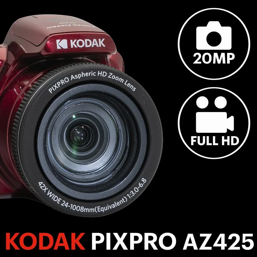 KODAK Pixpro Astro Zoom AZ425 mostek do aparatu cyfrowego, 42 x zoom optyczny, szeroki kąt 24 mm, 20 megapikseli, LCD 3, Full HD 1080p, akumulator litowo-jonowy, czerwony