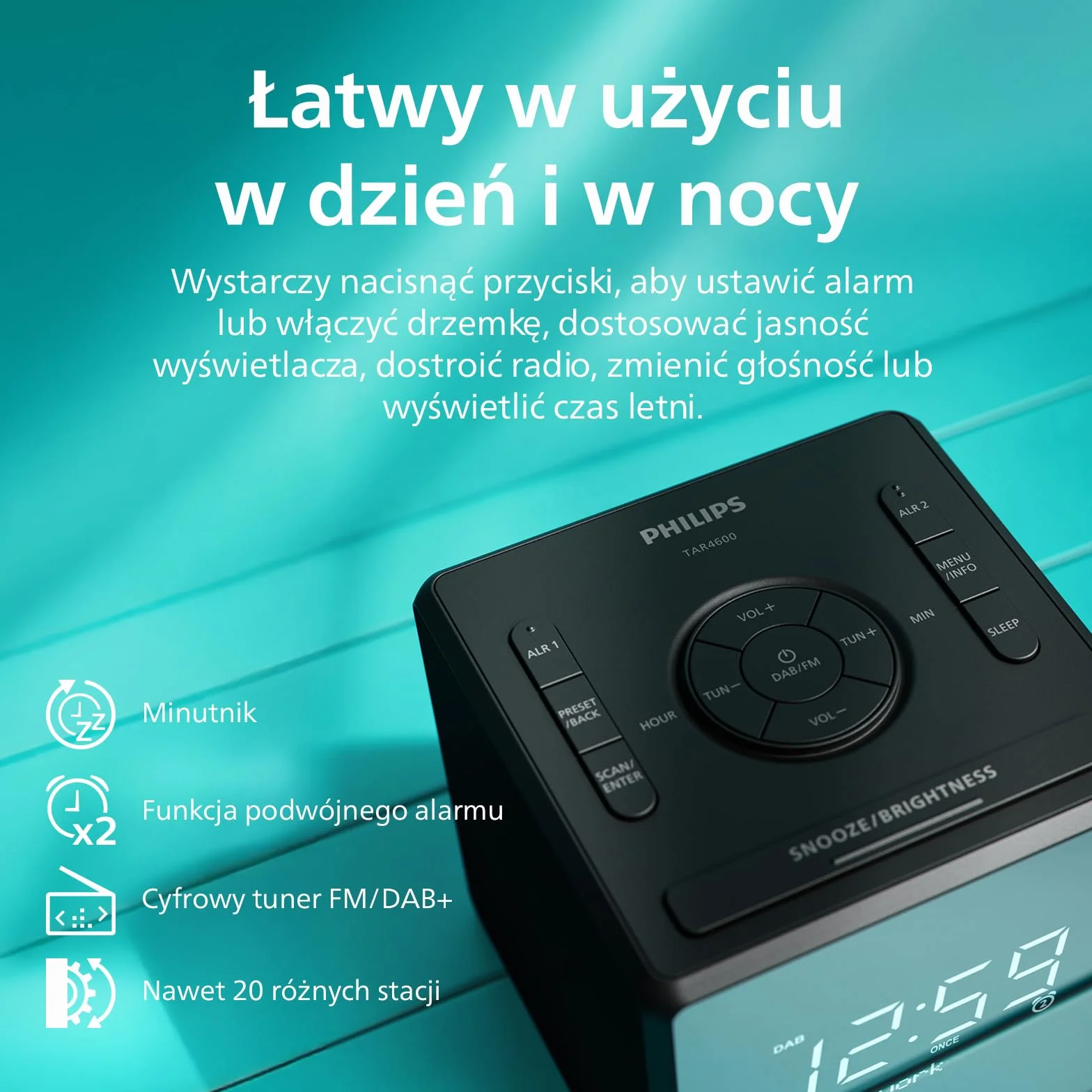 Philips TAR4600 Radiobudzik DAB/FM z podwójnym alarmem i portem ladowania USB-C