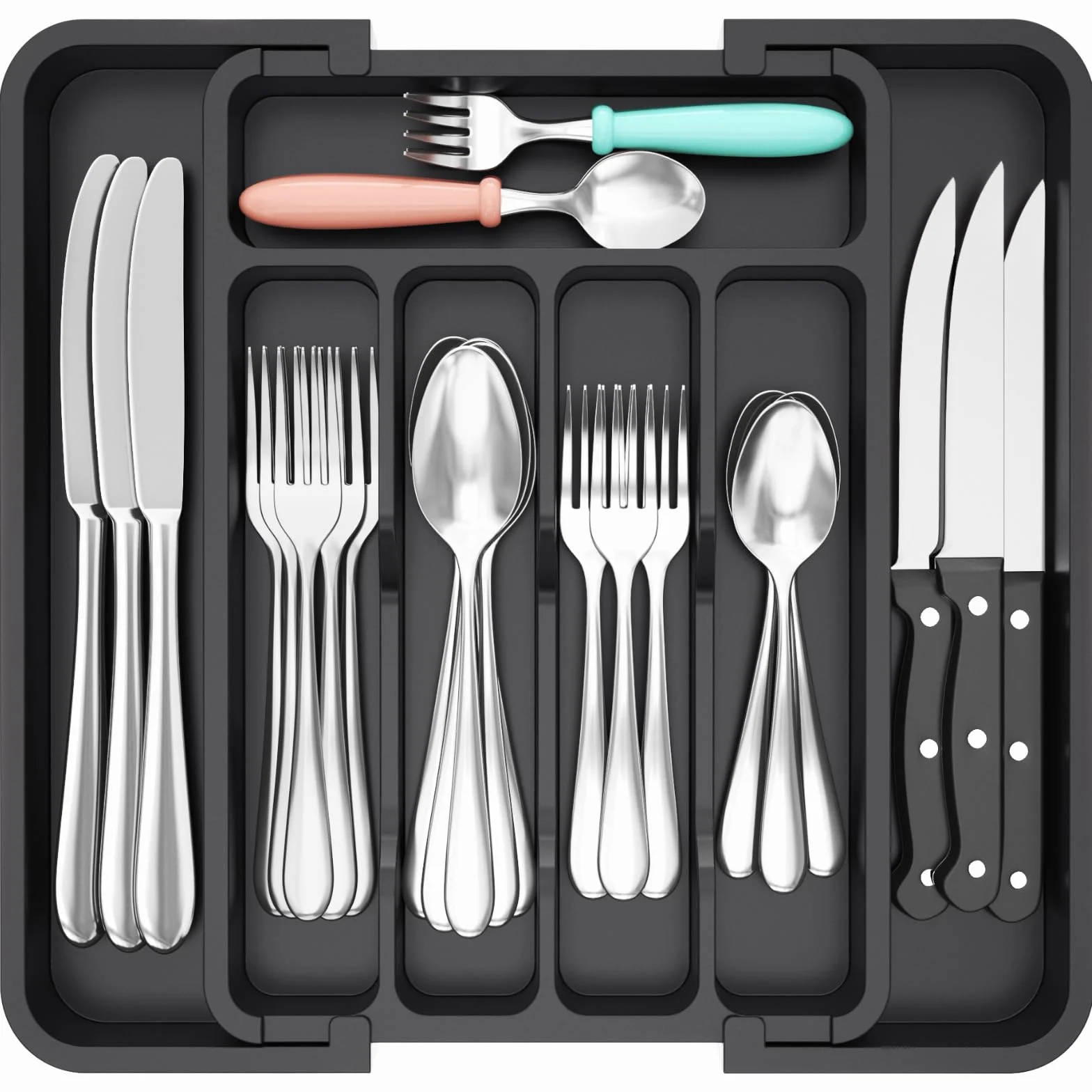 Lifewit Organizer do Szuflady Kuchennej na Sztućce, Rozszerzalna Wkład do Szuflad, Plastikowe Taca na Sztućce na Łyżki/Widelce/Noże, Głębokość 30,9 cm, Szerokość 22,6–37,3 cm, Czarny