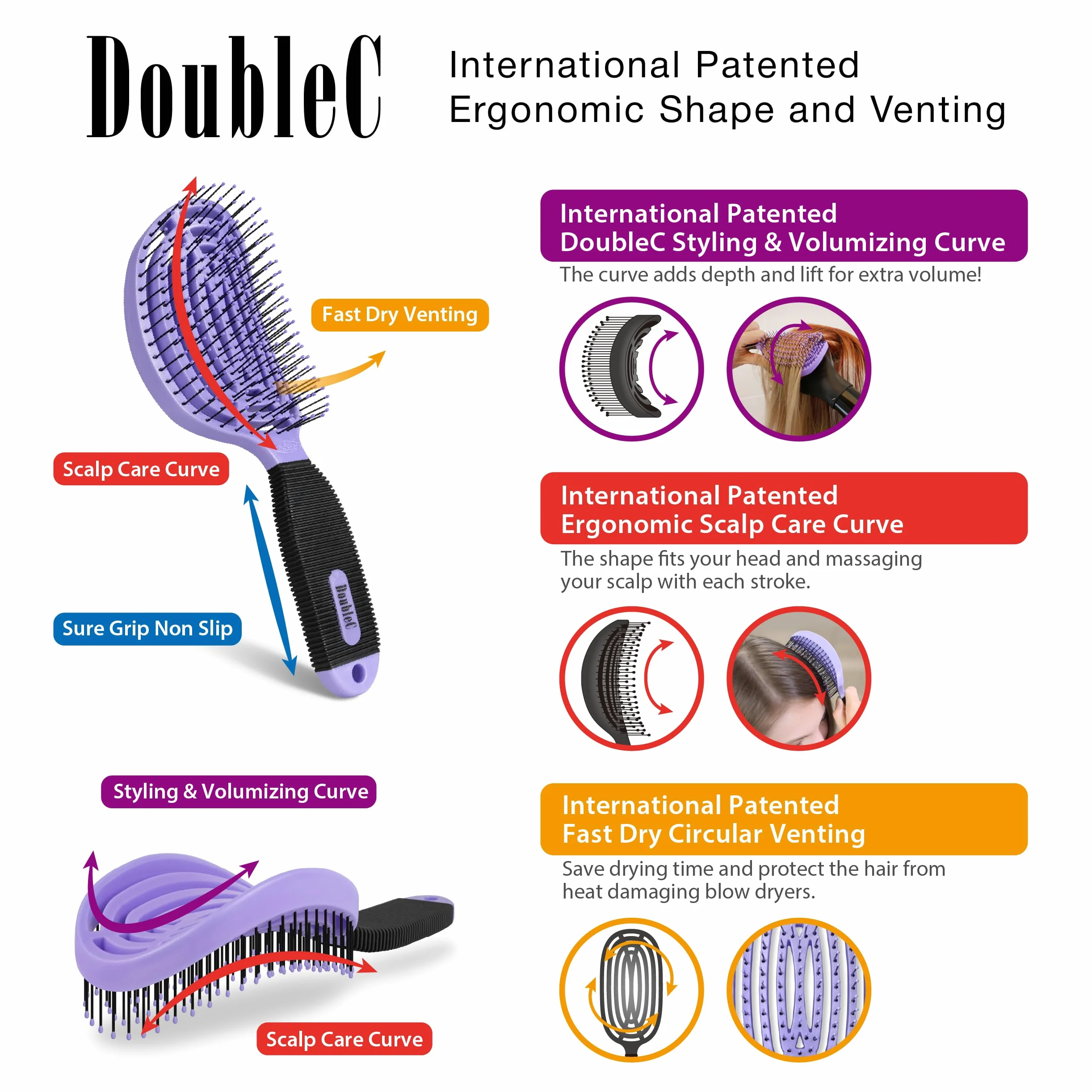 NuWay 4HAIR Opatentowana w USA podwójna zakrzywiona szczotka do rozczesywania DoubleC nadaje się do suszenia włosów (fioletowa)