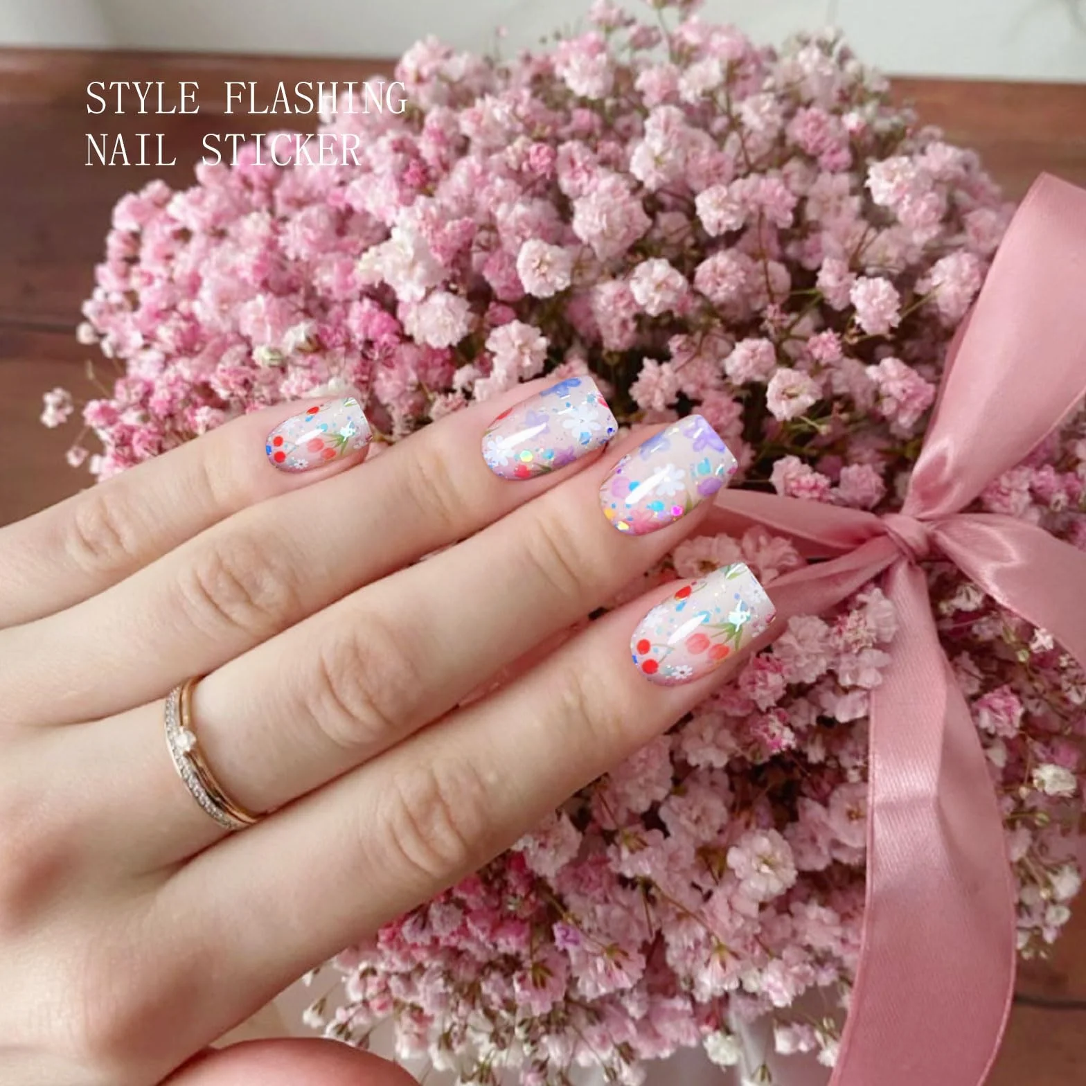 JMEOWIO Naklejki żelowe do paznokci Kolorowy kwiat Brokat Częściowo utwardzone żelowe paski/owijki do paznokci Materiały UV/LED Nail Art Zdobienie paznokci Akcesoria dekoracyjne