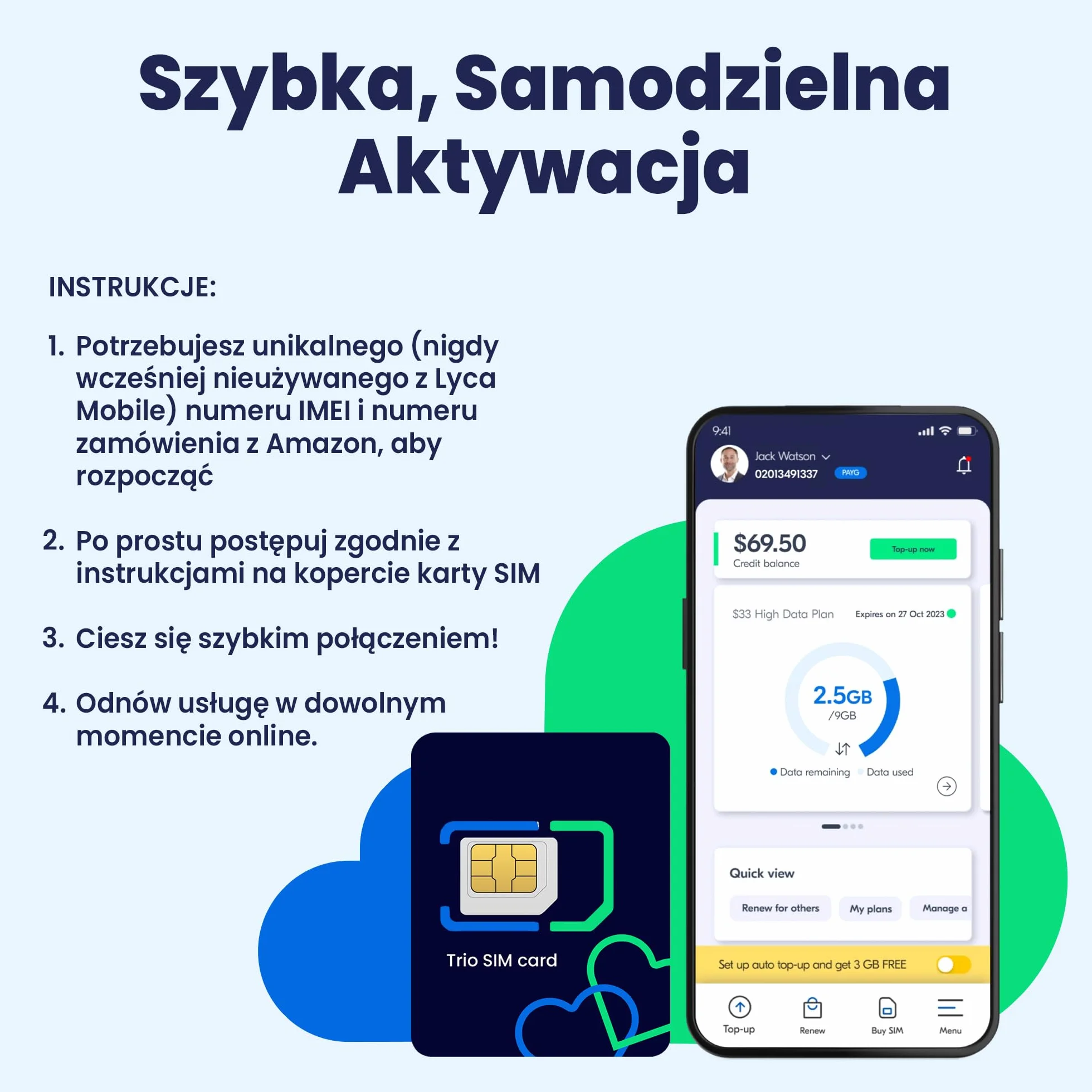 Lycamobile Przedpłacona Fizyczna Karta SIM USA na 30 Dni - 3GB Szybkiego Internetu 4G LTE/5G, Międzynarodowe Rozmowy i SMS-y do Ponad 100 Krajów, Szybka Aktywacja, Karta SIM do Telefonu w USA