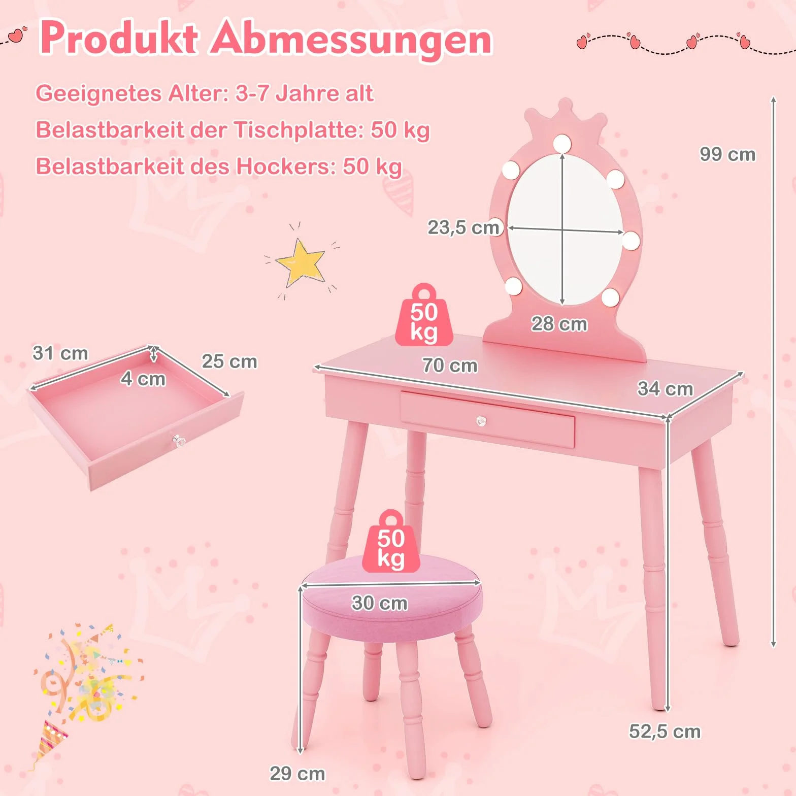 COSTWAY Toaletka dziecięca z oświetleniem 2 w 1, drewniana komoda do makijażu z taboretem dla dziewczynek