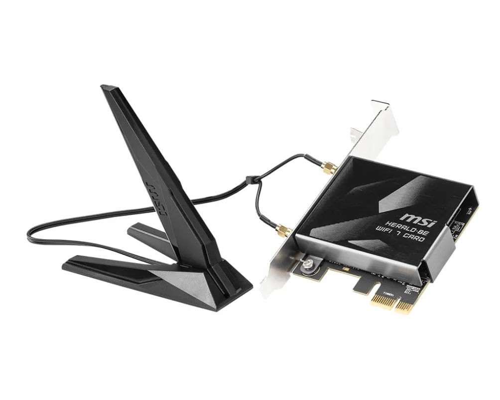 MSI Herald-BE WI-FI 7 MAX (Wi-Fi 7, 802.11BE, Bluetooth 5.4, PCIe, technologia obsługi multi-link, antena zewnętrzna)