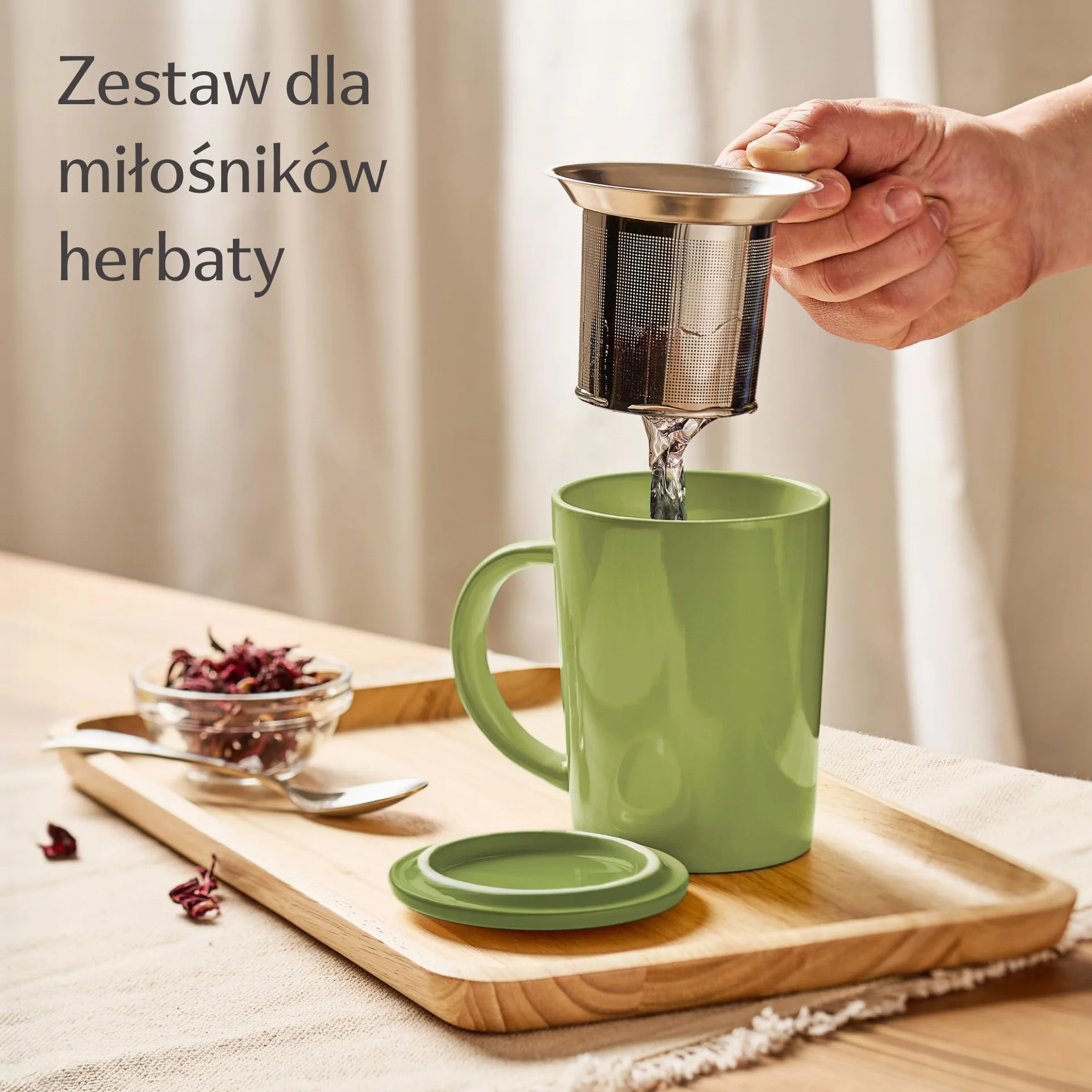 Filiżanka do herbaty ceramiczna z sitkiem i pokrywką 400 ml zieleń matcha