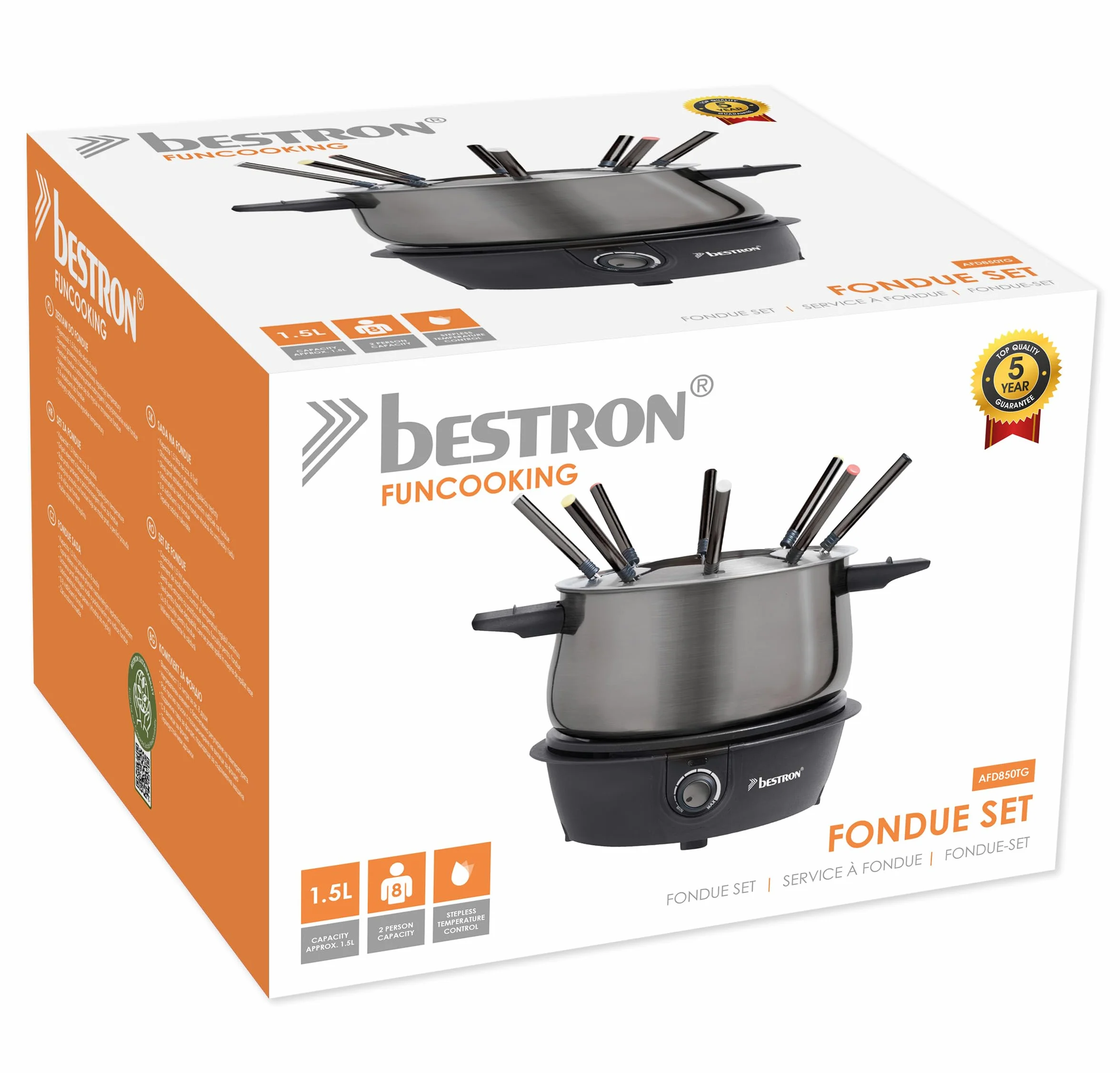 Bestron Elektryczny zestaw do fondue 8 osób, 8 widelców, bezstopniowy termostat, szary tytanowy