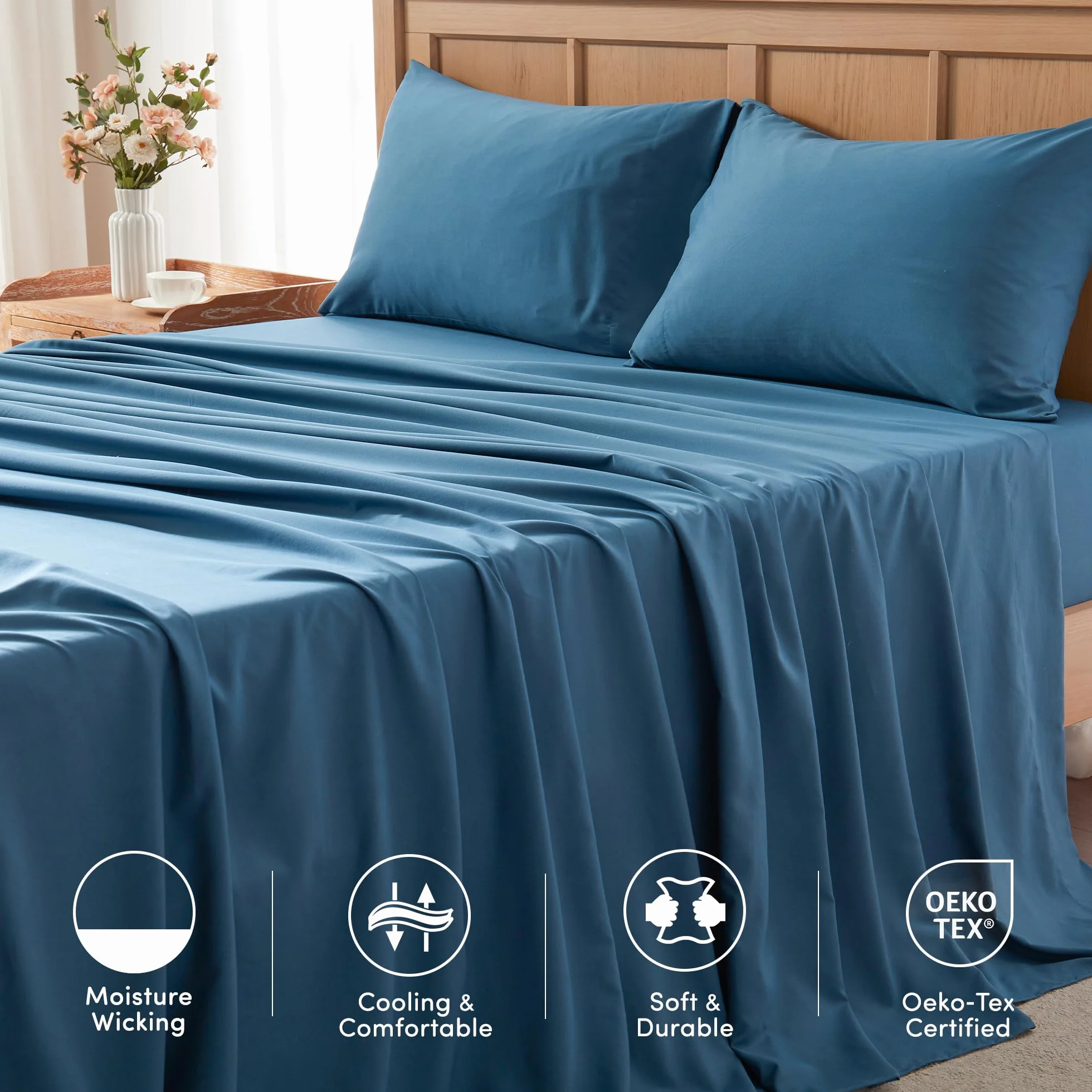 Comfort Spaces Coolmax Moisture Wicking Sheet Set Cal King 4 Piece Deep Pocket Fits Up to 16" Mattress