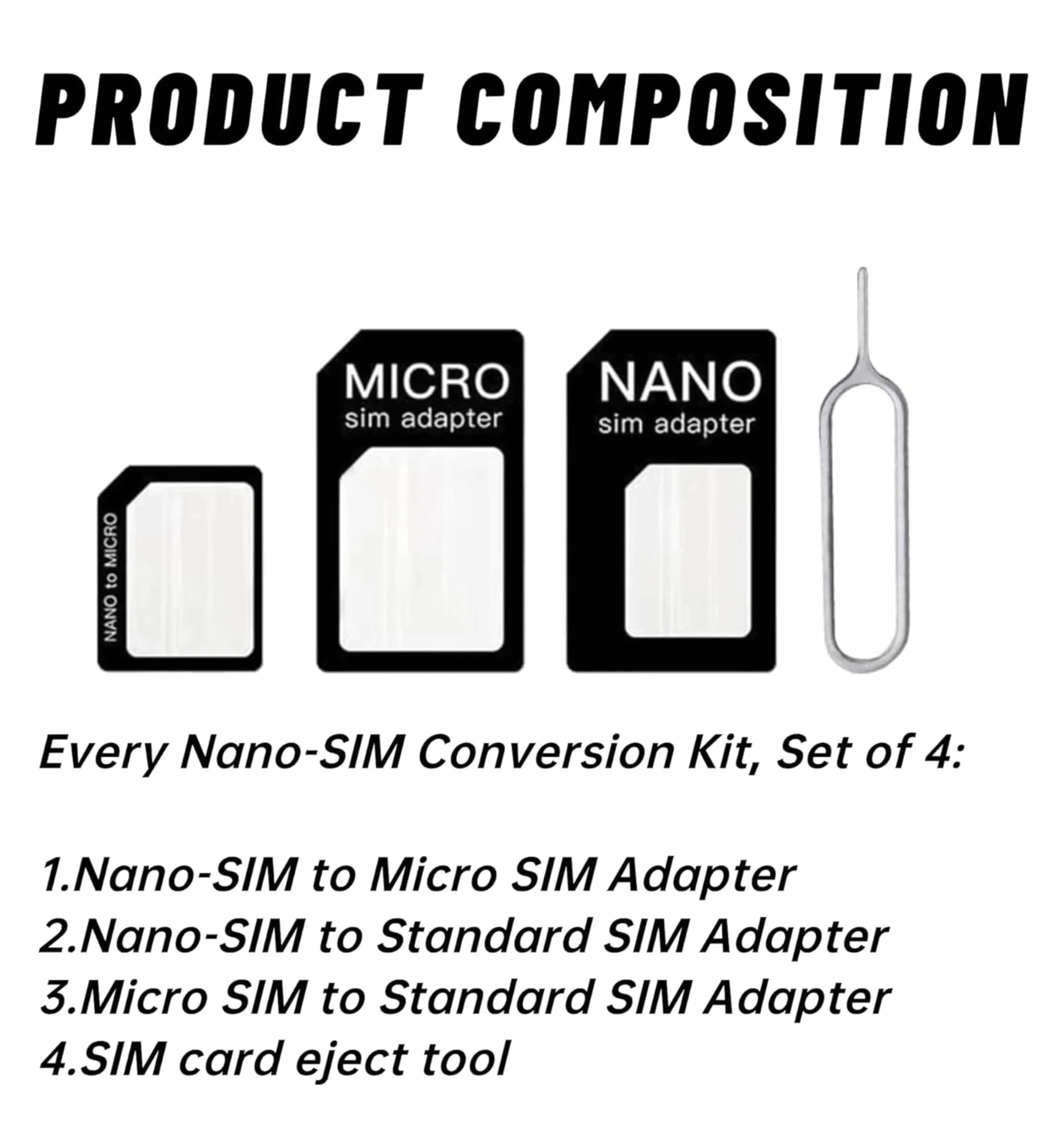 3 Kit Adapter do kart SIM 4 w 1, czarny | Nano SIM do Micro SIM, Nano SIM do SIM, Micro SIM do SIM, klips do wyjmowania | Zestaw do smartfonów Sim Adapter