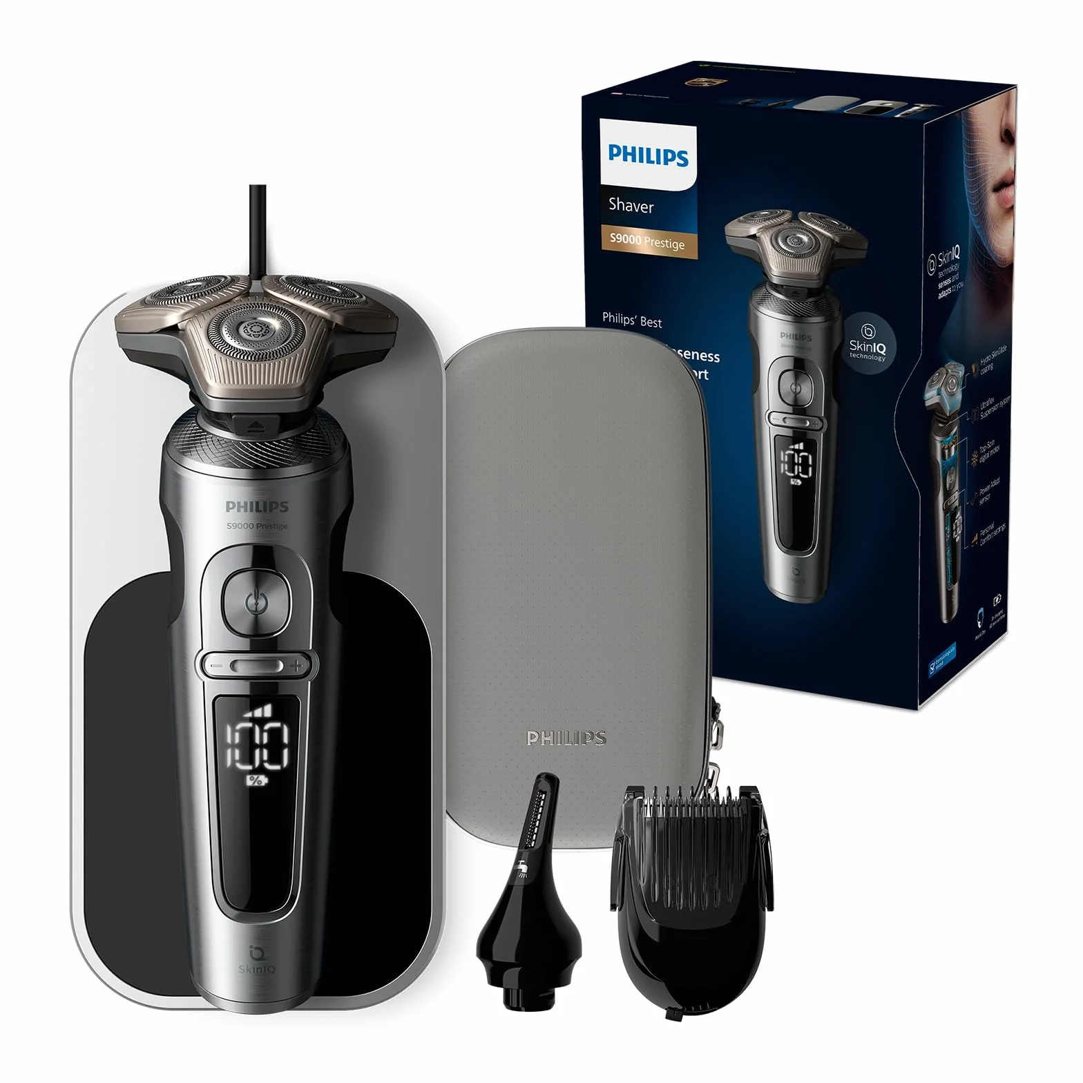 Philips Golarka elektryczna Shaver S9000 Prestige do użytku na mokro i sucho z technologią SkinIQ i saszetką czyszczącą (model SP9871/22)