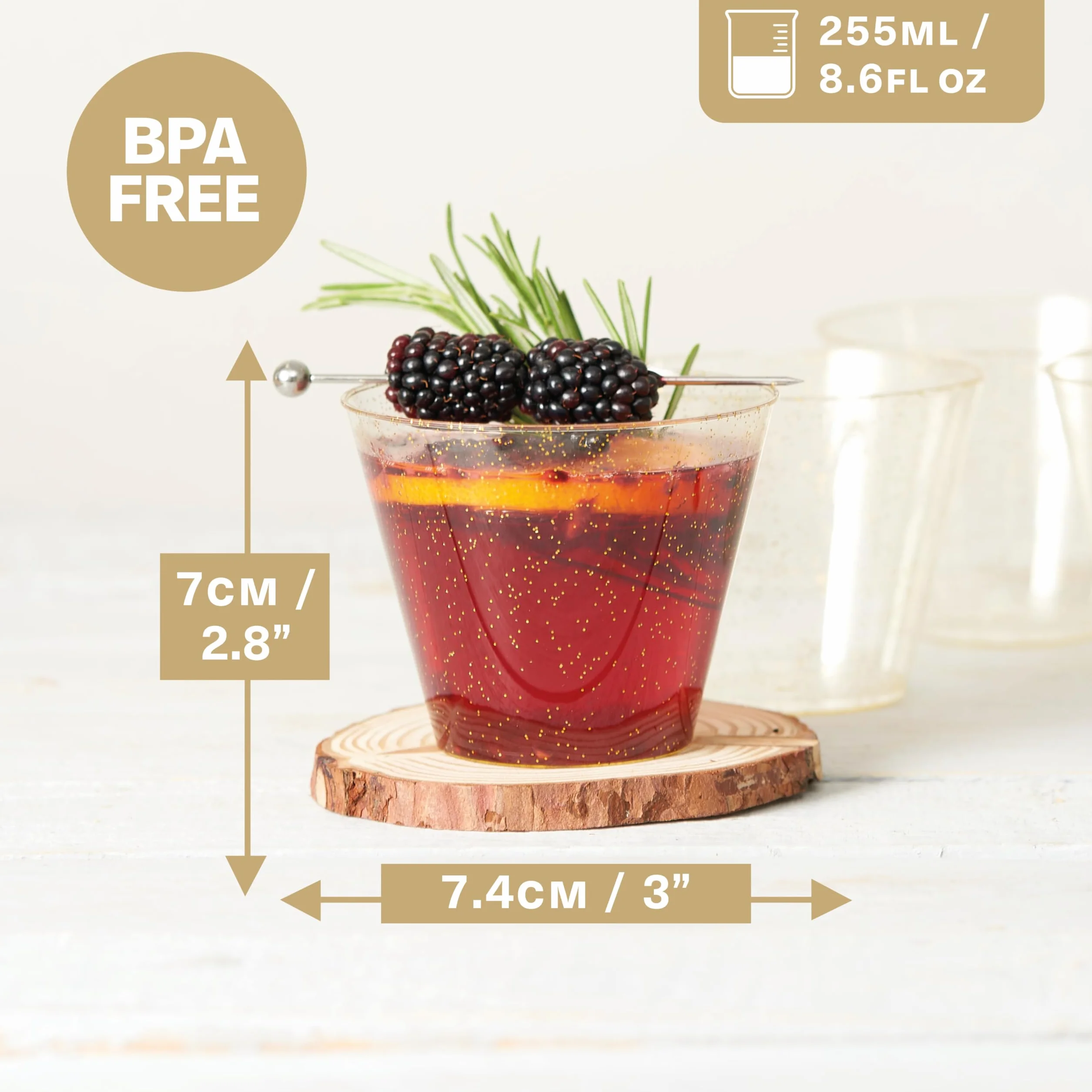 MATANA kubki plastikowe premium 255 ml złoty brokat wielokrotnego użytku