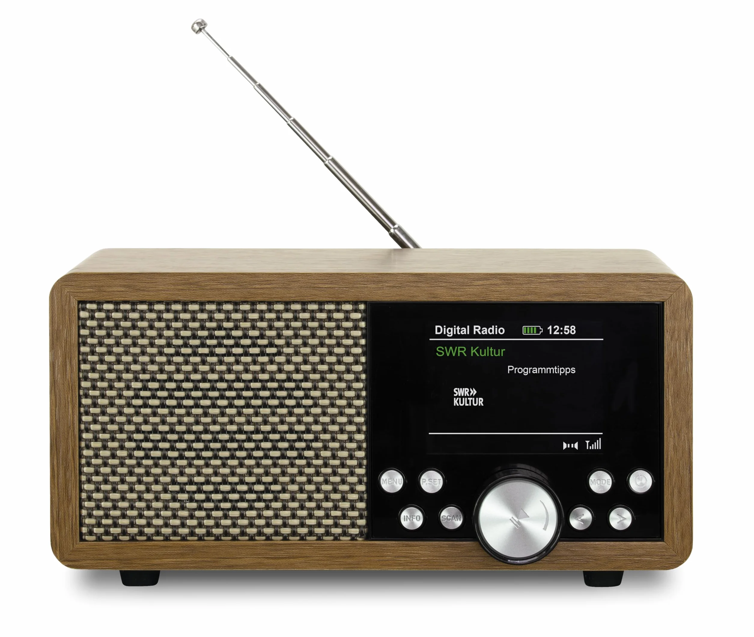 Przenośne radio Dab+ Dynavox DBT600, wbudowane radio FM, do kuchni, łazienki, biura, funkcja budzika, ekran TFT, zasilacz sieciowy, gniazdo USB i karta SD, wykończenie o wyglądzie drewna