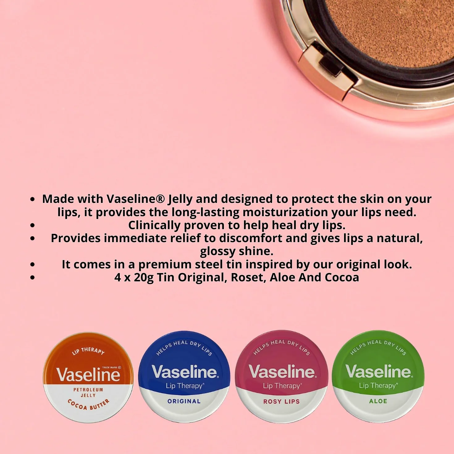 Vaseline Balsam do ust – Petroleum Jelly – Lip Therapy – oryginalny, masło kokosowe, aloes i róż, puszka 20 g, uspokaja suche usta, 4 sztuki