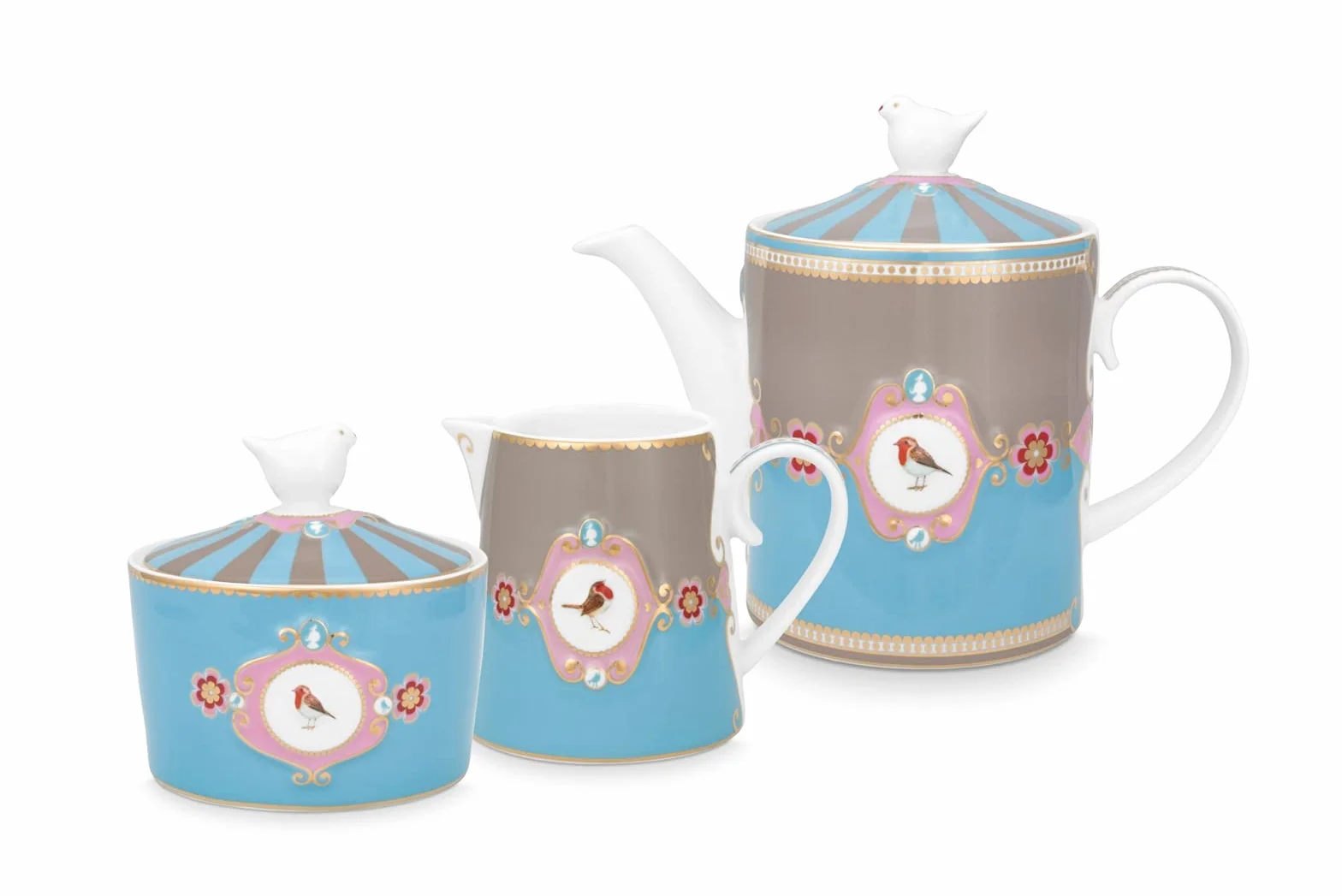 PiP Studio Love Birds zestaw do herbaty niebiesko-khaki 3-częściowy