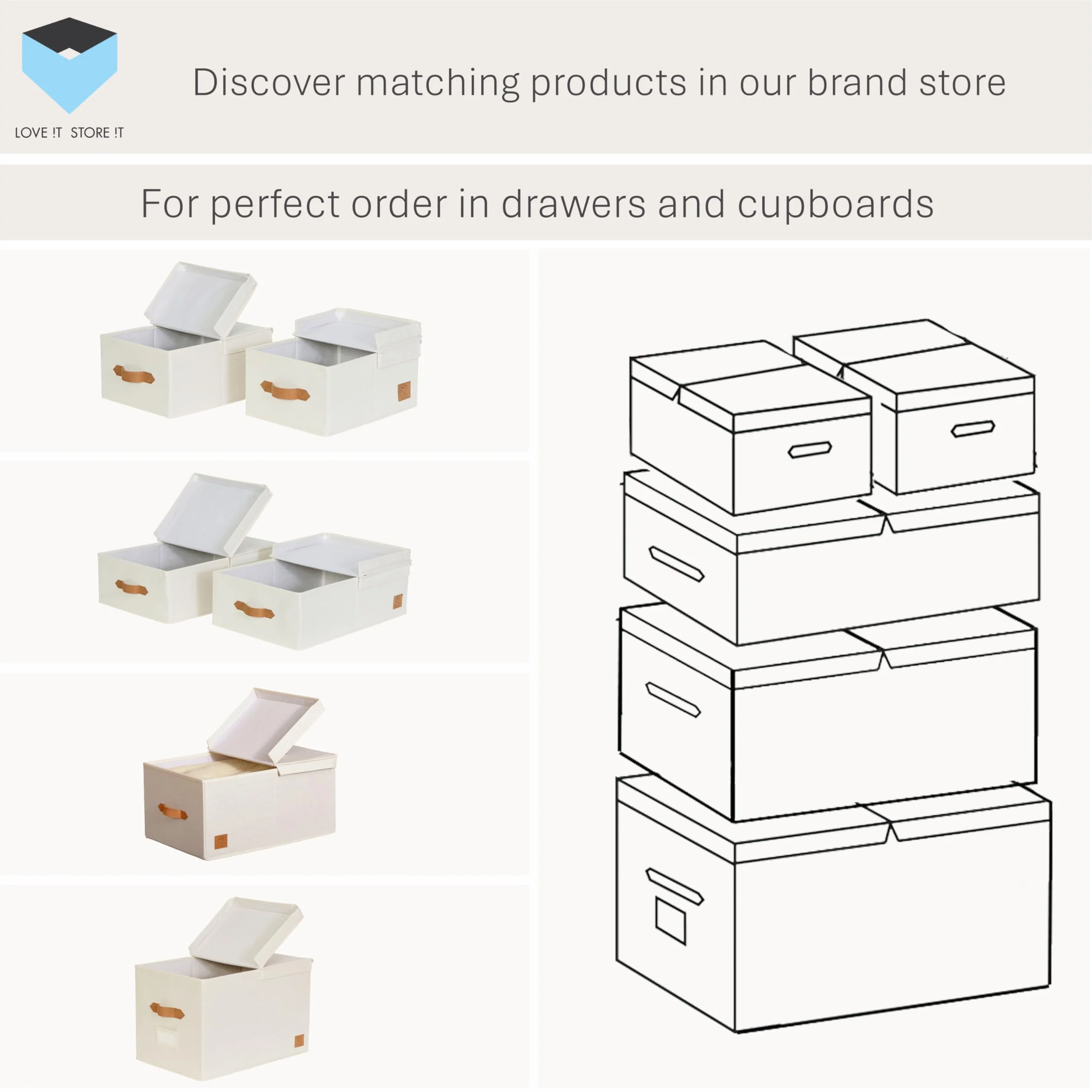 LOVE IT STORE IT Premium pudełko do przechowywania z pokrywką M – z materiału lnianego – zestaw 2 szt. skrzynek średniej wielkości, stabilne, beżowe, 50 x 33 x 16 cm, 2 szt