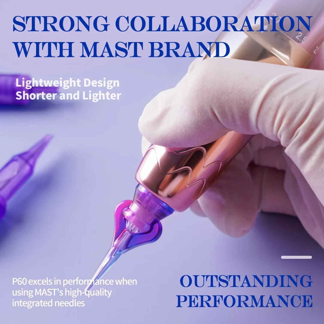 Mast P60 Wireless Tattoo Pen Machine Rotary Tattoo Gun 5 Strokes Length 2.2mm - 3.2mm 121g/4.2oz Weight, Digital Display 2pcs Batteries for Eyeliner Lippen, Scalp, Small Tattoo Pink