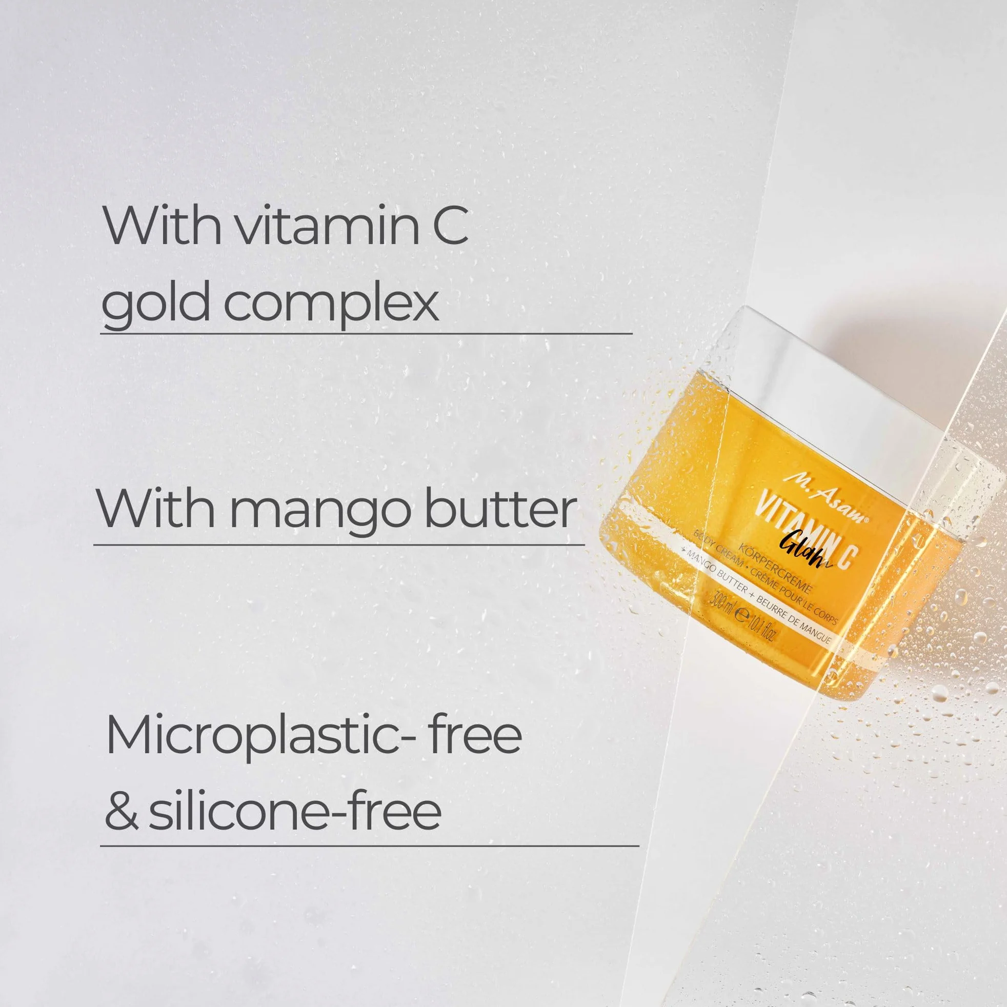 M. Asam Witamina C Glam krem do ciała (300 ml) – nawilżający i wygładzający balsam do ciała z masłem mango i olejkiem marakuja, chroni przed wysychaniem, delikatna tekstura z błyszczącymi cząsteczkami