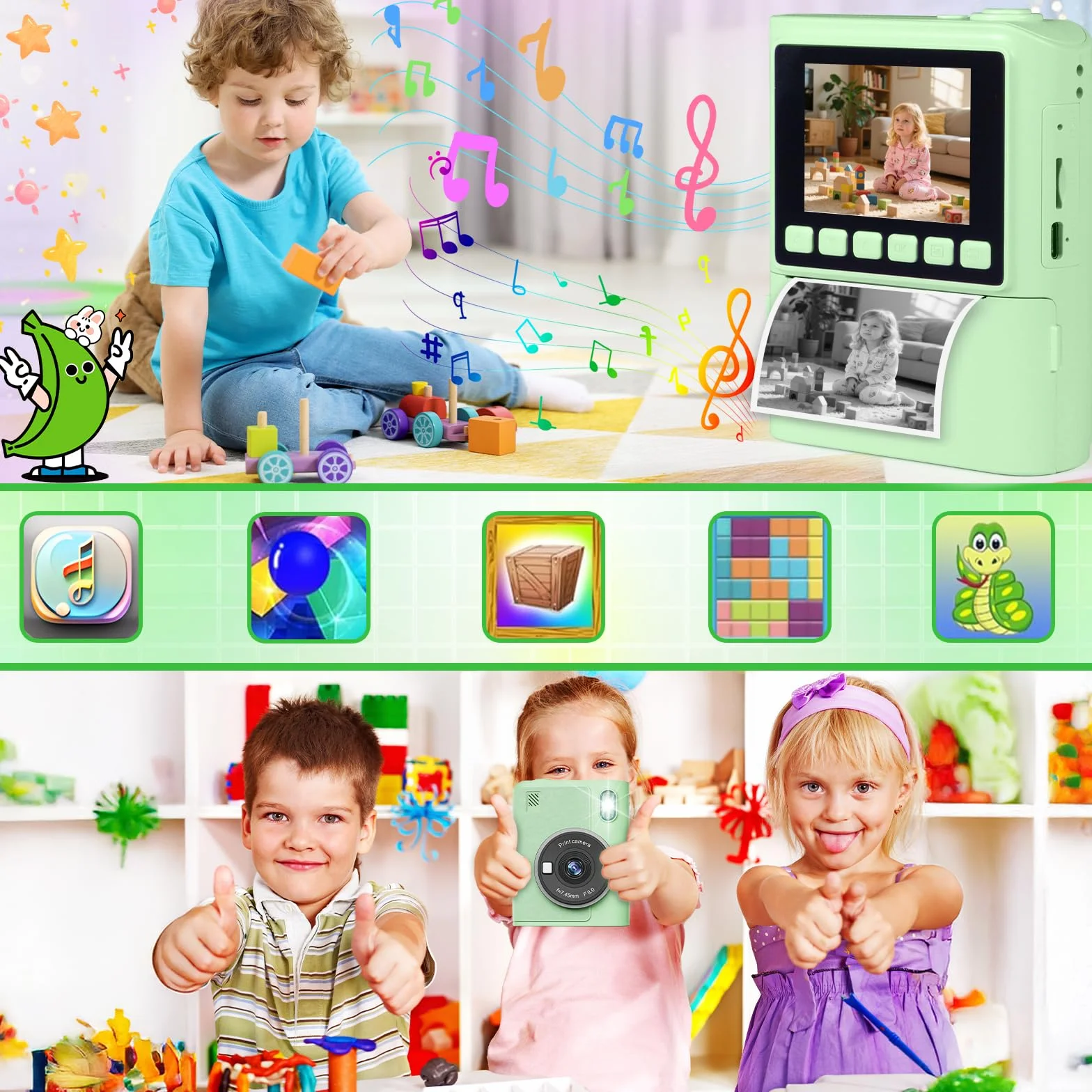 Aparat dla dzieci, natychmiastowy aparat fotograficzny z kartą 32 G i papierem fotograficznym, 2,4 cala, aparat cyfrowy 1080p HD, dla dzieci, zielony