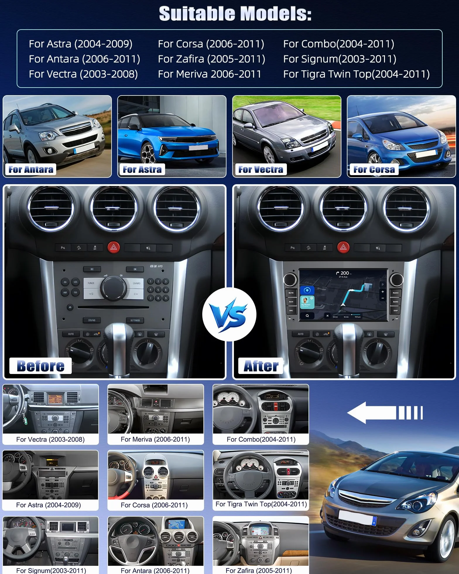 [2+64G] CAMECHO radiowe do Opel Corsa d/Astra h/Zafira b/Meriva/Vivaro, 7-calowy ekran dotykowy, obsługuje Carplay/Android Auto/Mirrorlink, WiFi, GPS, FM, Bluetooth, EQ