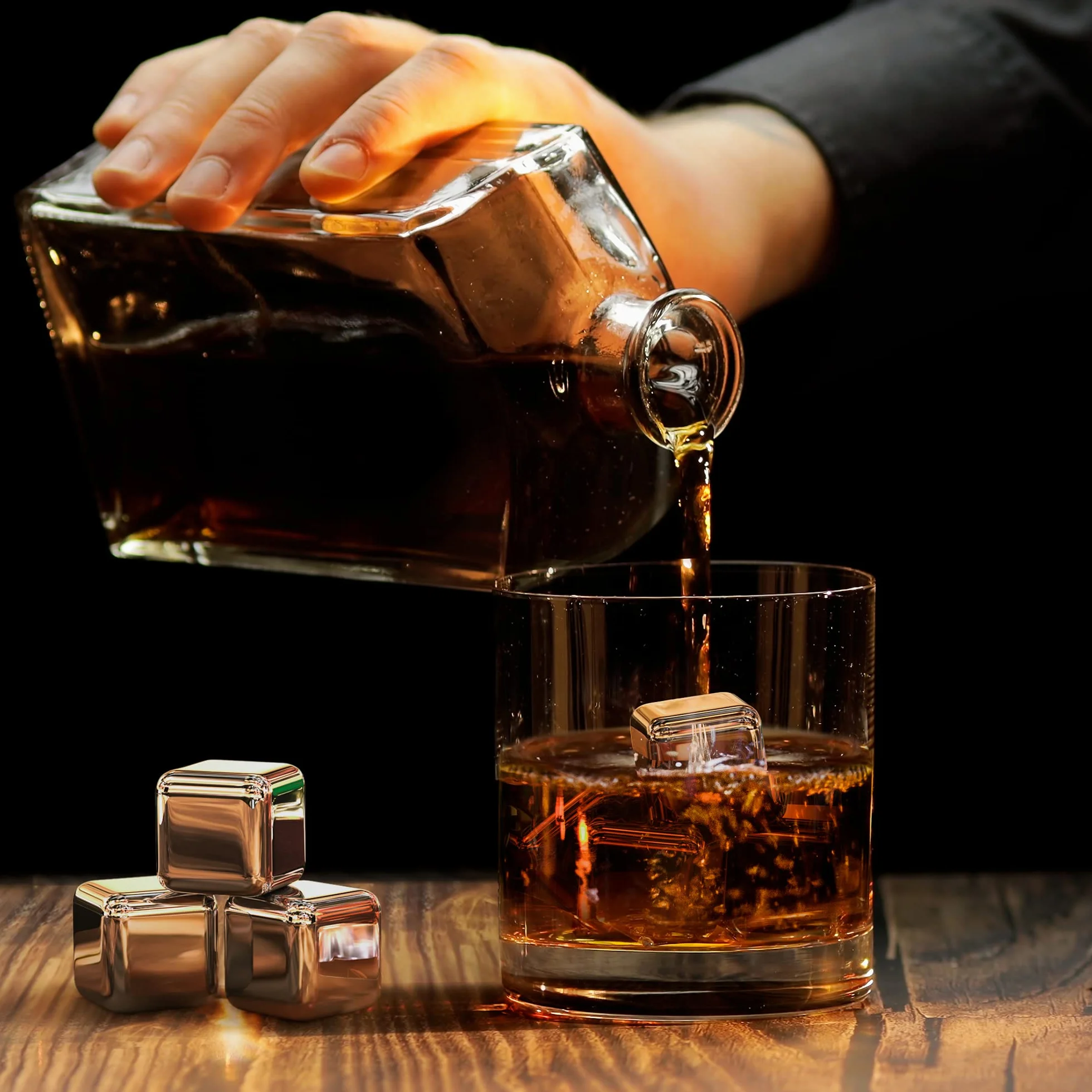 Kostki wielokrotnego użytku, do whisky ze stali nierdzewnej + szczypce + ściereczka | 8 metalowych chłodzących, akcesoria barowe Premium do wszystkich drinków, koktajli, ginu, whisky | prezent urodzinowy dla mężczyzny i kobiety (Set of 8)