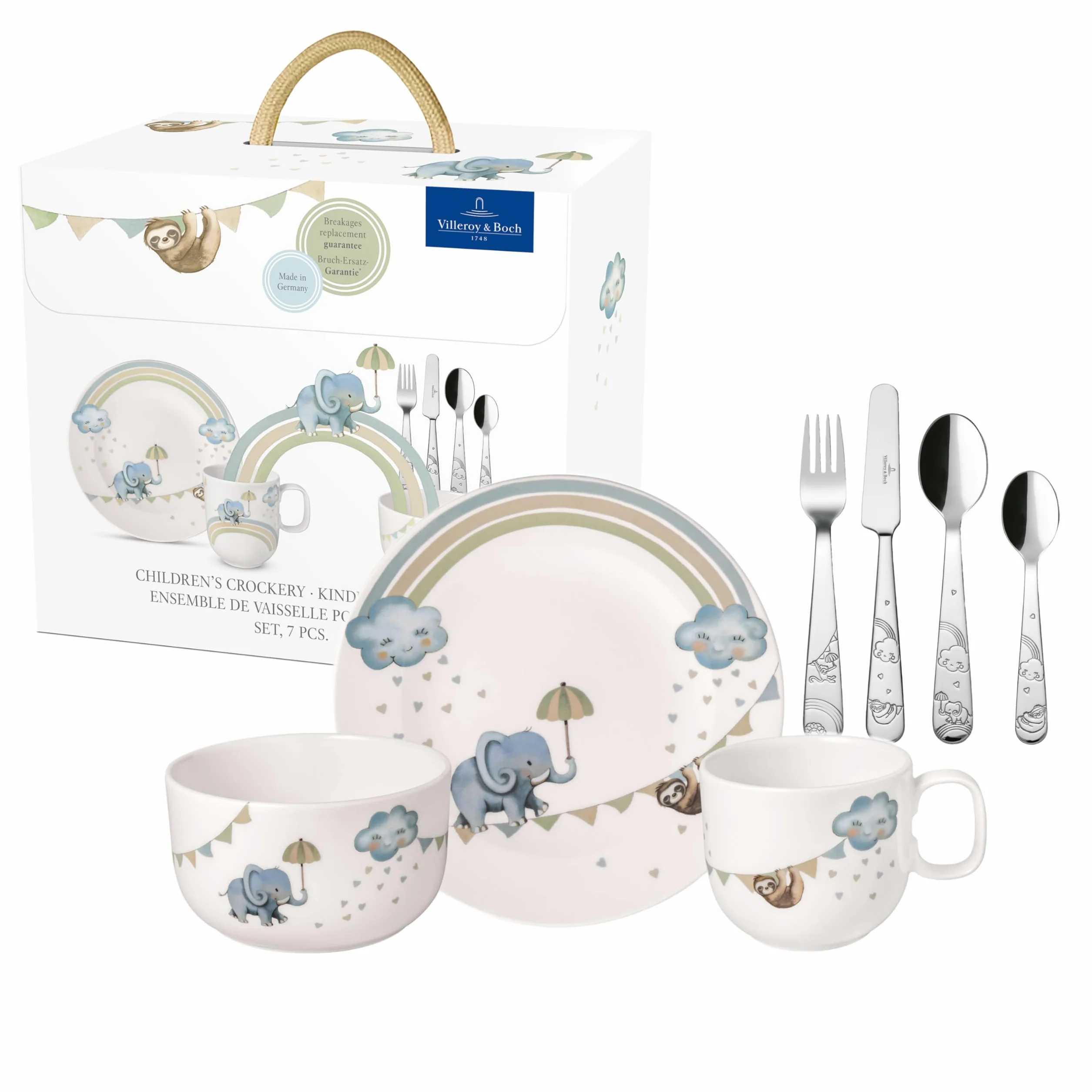 Villeroy & Boch - Boho kids "Walk like an elephant" Komplet naczyń dla dzieci 7 szt.,z porcelany i sztućce ze stali nierdzewnej, Nadaje się do kuchenki mikrofalowej i zmywarki, Wielokolorowy