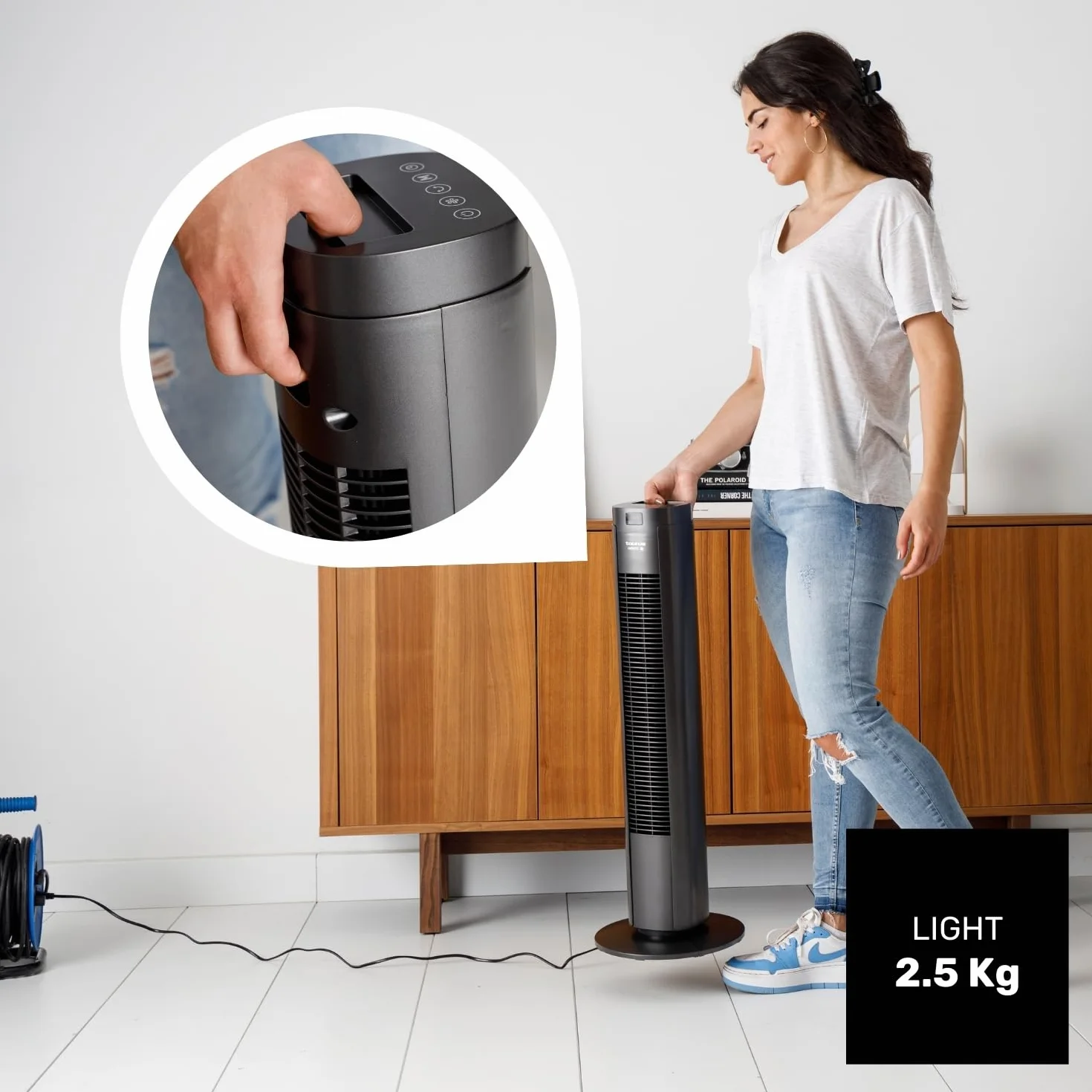 TAURUS New Babel Digital wentylator wieżowy, 50 W, pilot zdalnego sterowania, 3 tryby, 4 prędkości, timer 9h, funkcja oscylacji, cyfrowy ekran dotykowy, uchwyt do przenoszenia