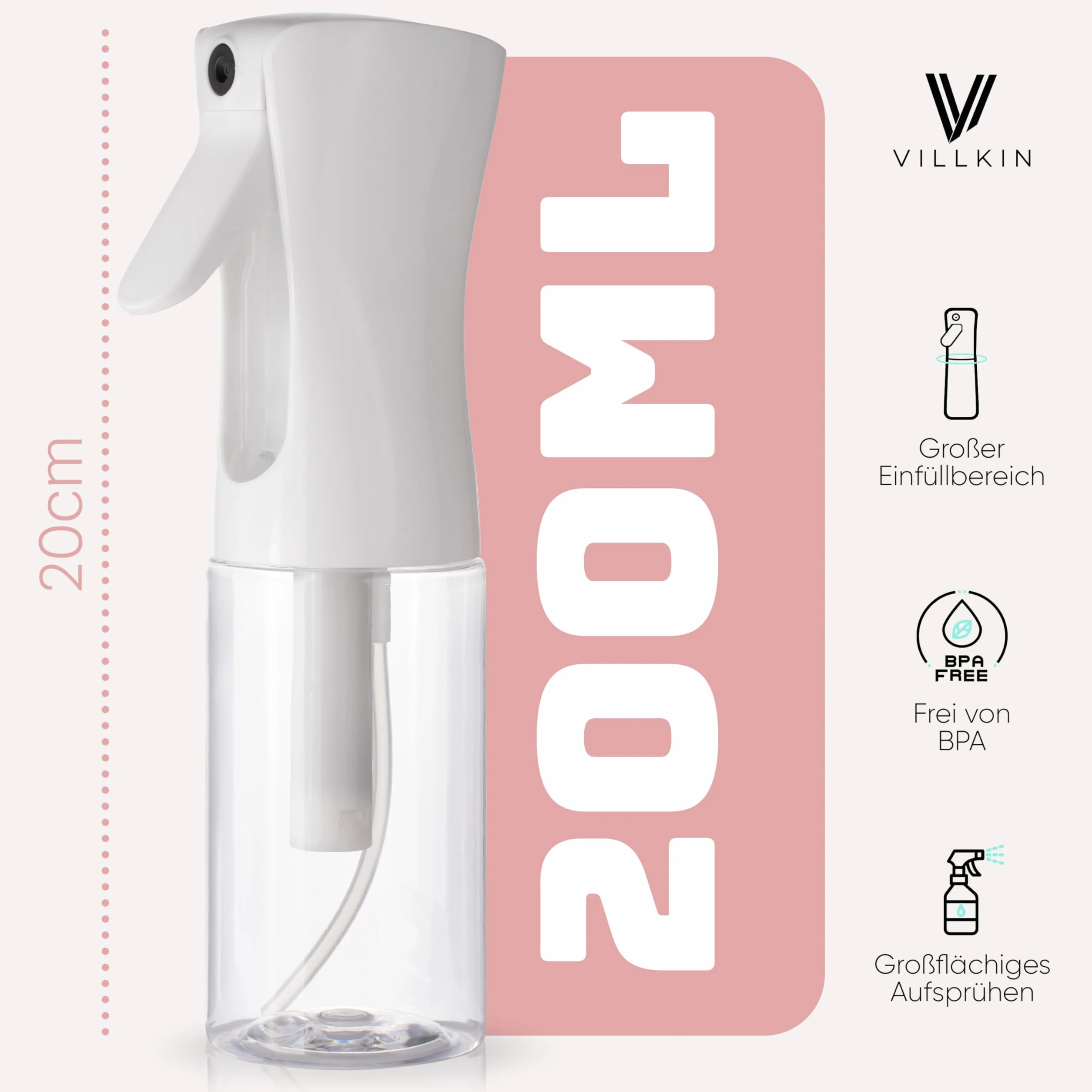 Villkin Butelka z rozpylaczem, zestaw 2 sztuk, bardzo delikatna mgiełka z pojemnikiem 200 ml, idealna do prasowania lub dla fryzjerów (2 sztuki, biały/przezroczysty)