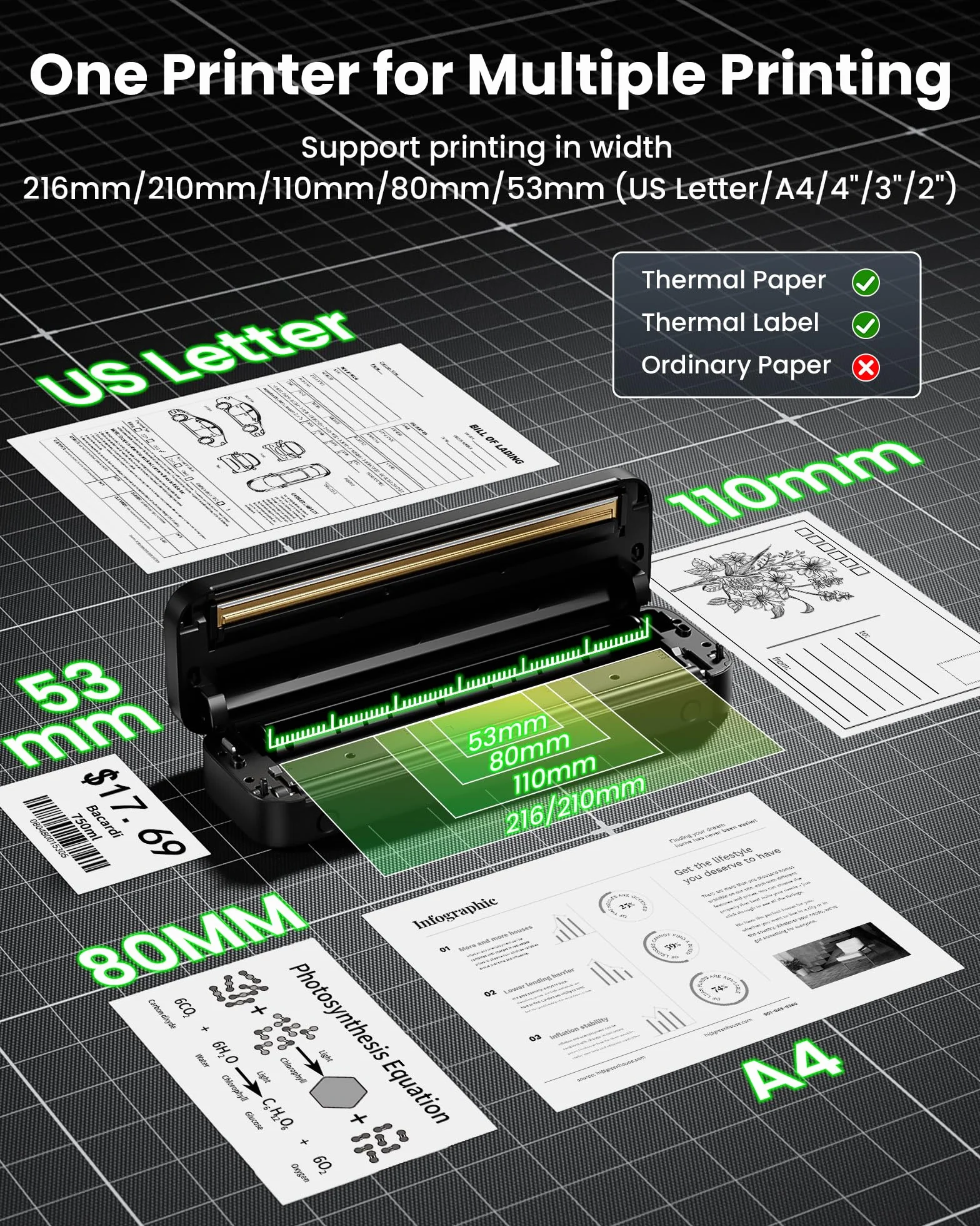 Itari Przenośna drukarka termiczna Bluetooth, format A4, przenośna, ulepszona drukarka 300 DPI, mała drukarka do telefonu komórkowego, przenośna drukarka do podróży, obsługuje wiele rozmiarów, papier