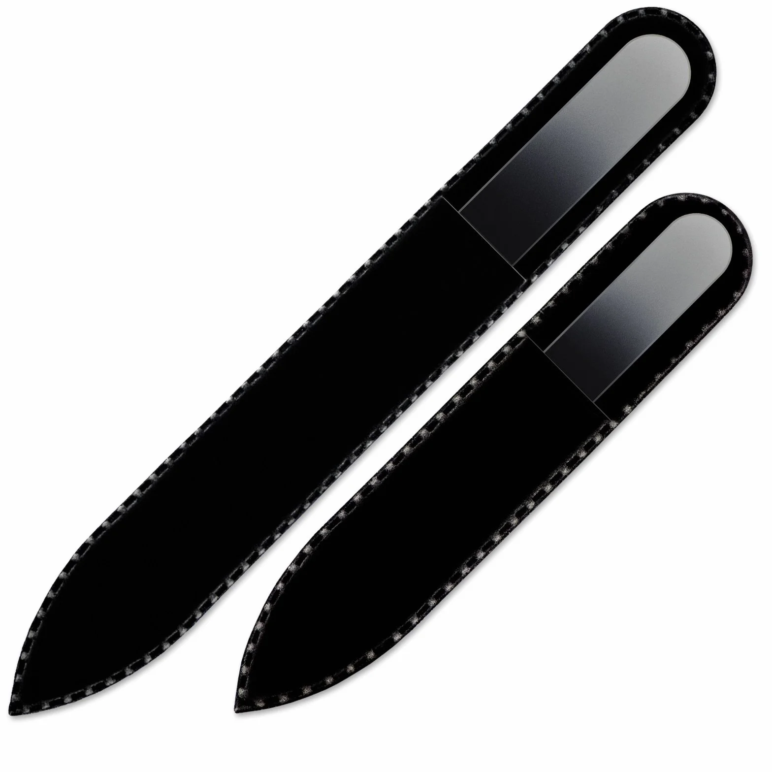 Mont Bleu zestaw do manicure składający się z 2 kolorowych szklanych pilników do paznokci w torbie z czarnego aksamitu - prawdziwe szkło hartowane z Czech - ręczne wykonanie - pilnik do paznokci dla mężczyzn