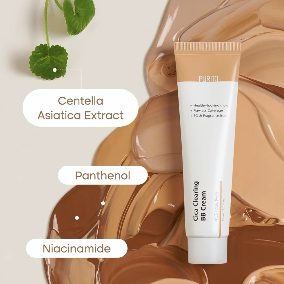 PURITO Cica Clearing BB Cream #15 Rose Ivory 1 fl.oz / 30ml, wegański krem bb, podkład, bez okrucieństwa