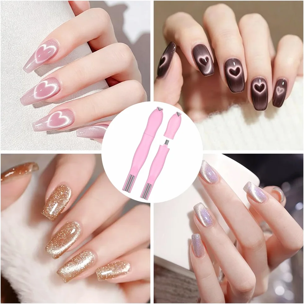 Magnesy z kocimi oczami do paznokci, 3 w 1 Cat Eye Magnet do zdobienia paznokci, magnes żelowy do paznokci, DIY Nail do tworzenia wzorów w kształcie serca, francuski, różowy