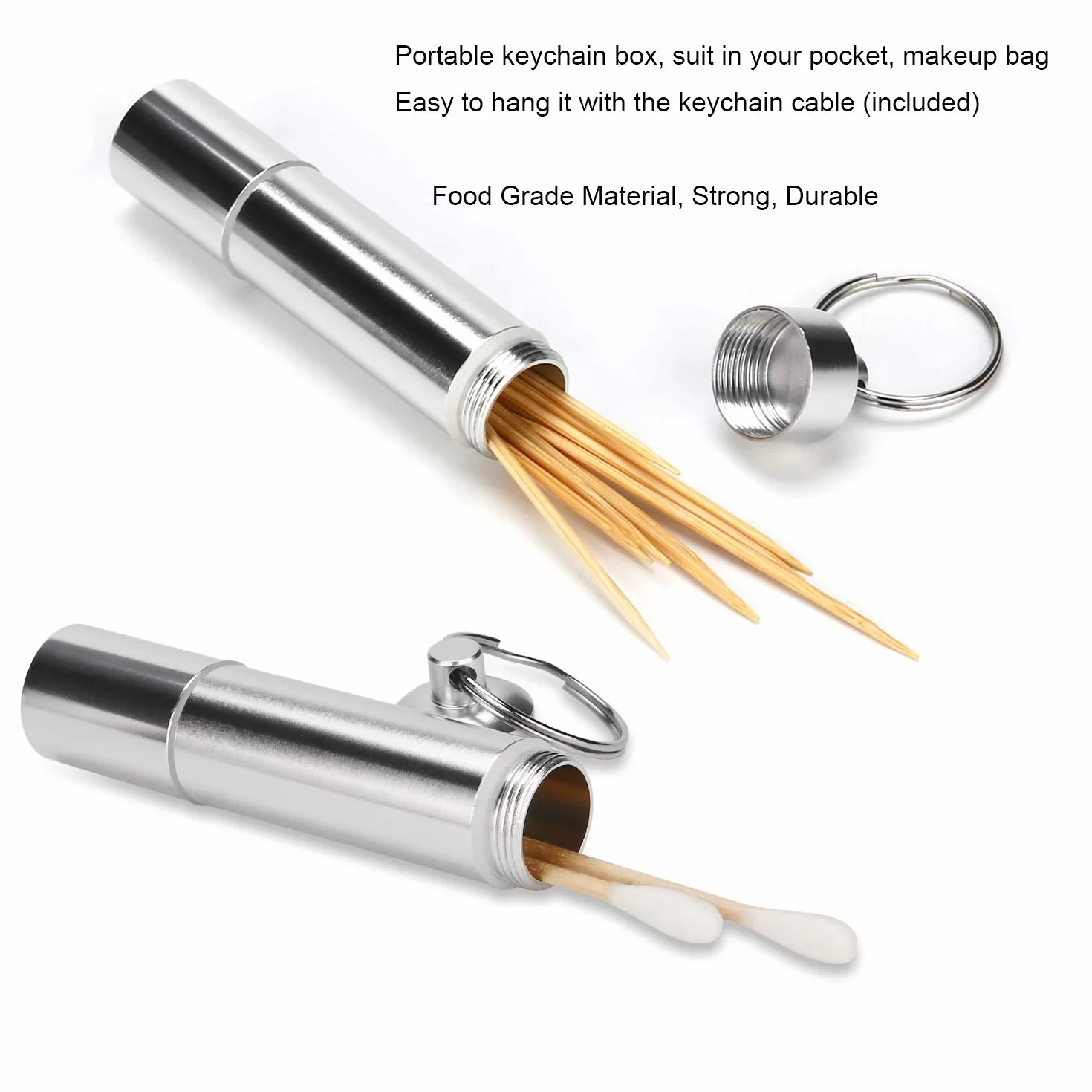 [2 sztuki] Uchwyt na wykałaczki ze stali nierdzewnej Przenośny futerał na wykałaczki z drutem Brelok do kluczy – OOTSR aluminiowe wodoodporne pudełko podróżne metalowe etui na tabletki z breloczkiem