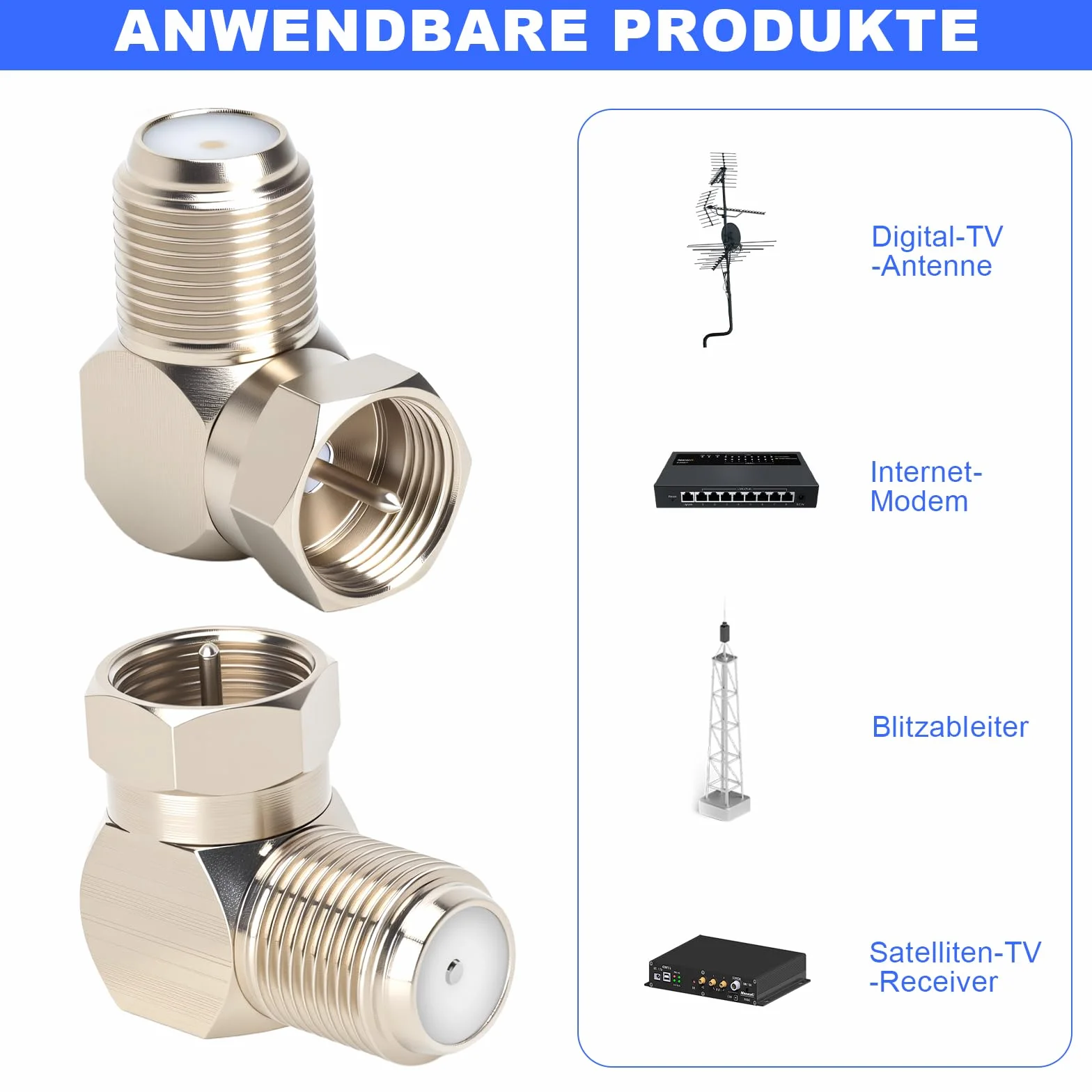 Wtyczka kątowa F 90 stopni, wtyczka antenowa do kabla satelitarnego, pozłacany adapter złącza F, 4 sztuki
