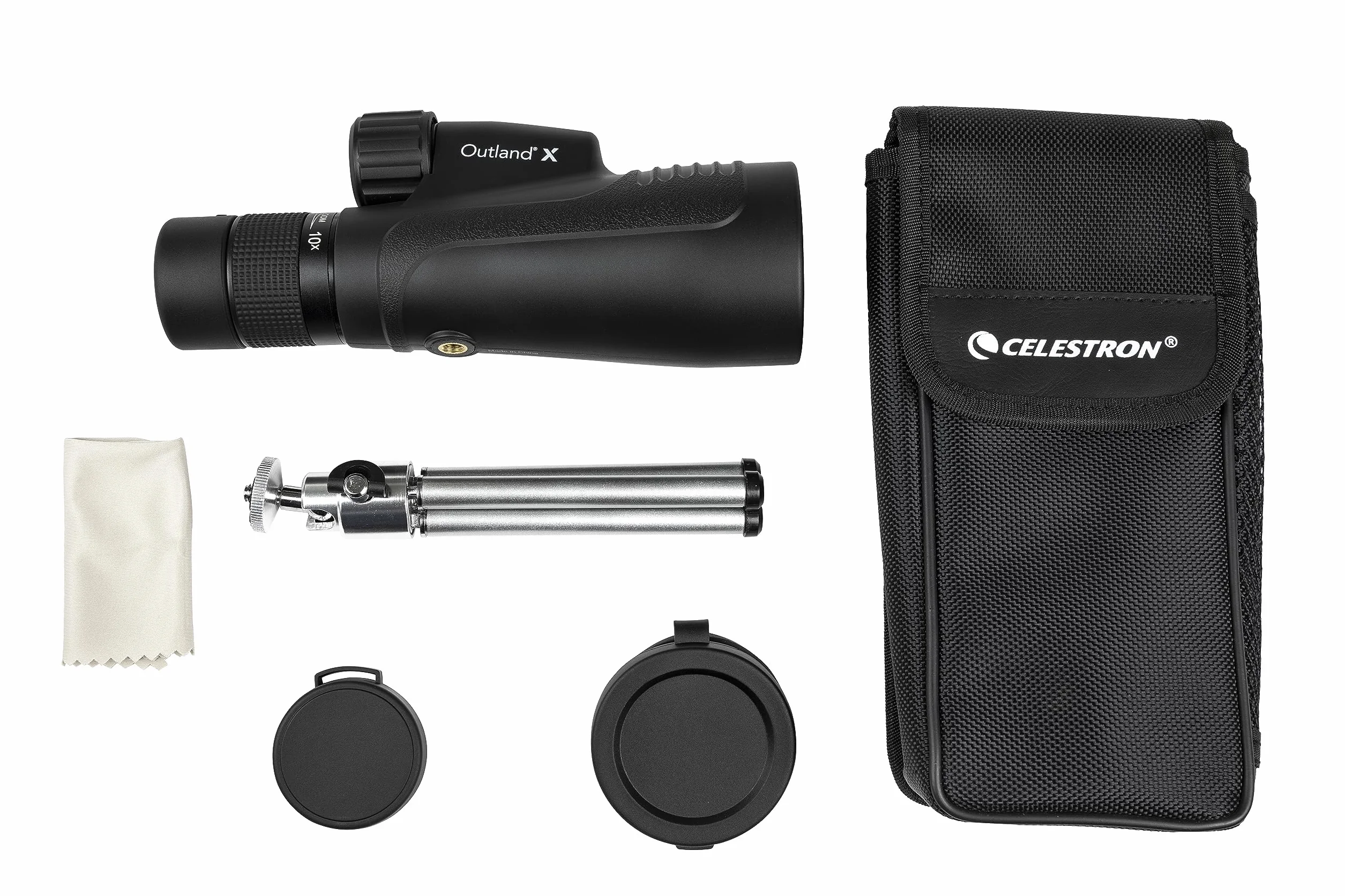 Celestron 72373 Outland X 10-30x50mm - Wodoodporny monokular Celestron 72373 Outland X 10–30x50 mm, statyw, oslony okularów, mocna obudowa, szklo pryzmat. BaK-4, wielopowlok. ukl. optyczny, czarny