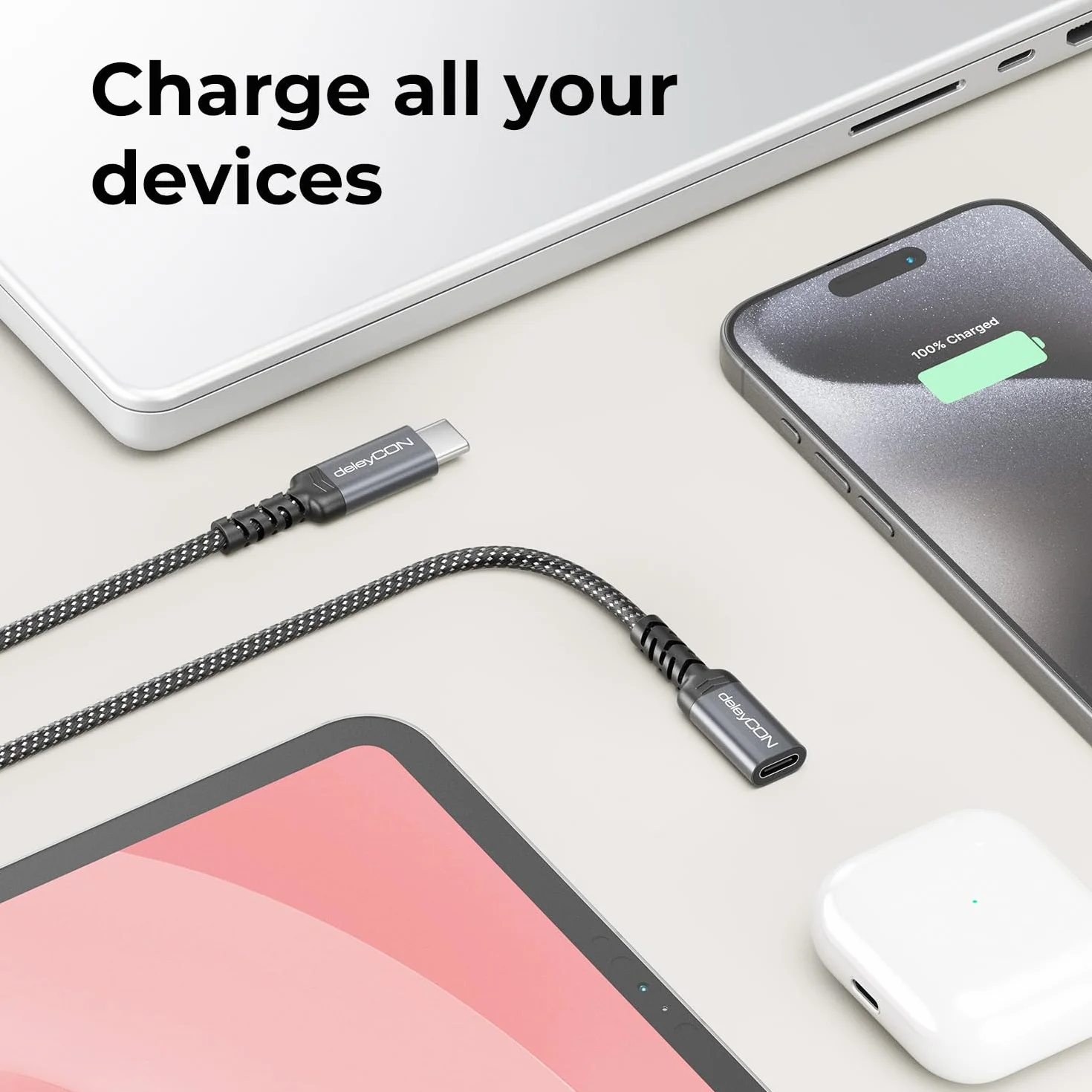 deleyCON 2m 100 W Przedłużacz USB-C - PD 3.0 Kabel ładowania i Danych do iPhone 17 16 Pro Max Air, Galaxy A16 A56 S25 S24, iPad, MacBook, Tablet, Notebook